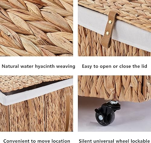 Miniatura 3 de Wimarsbon Cesta de almacenamiento, cesta plegable con ruedas y tapa que se pueden frenar, contenedor de lavandería trenzado de ondas de mano,