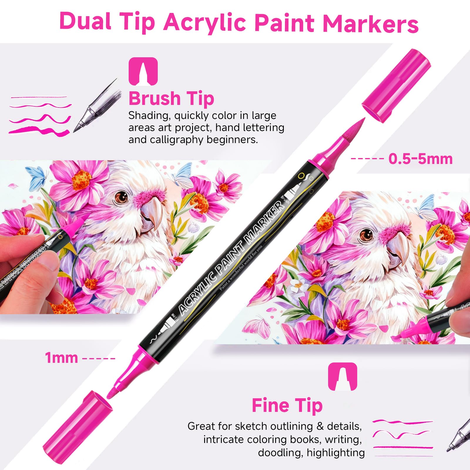 120 Farben Acrylstifte für Steine Wasserfest, Acrylic Marker mit Doppelspitze(Feine Spitze und Pinsel), Metallic Stifte Filzstifte für Steine Bemalen, Glas, Holz, Keramik, Leinwand, Kunststoff
