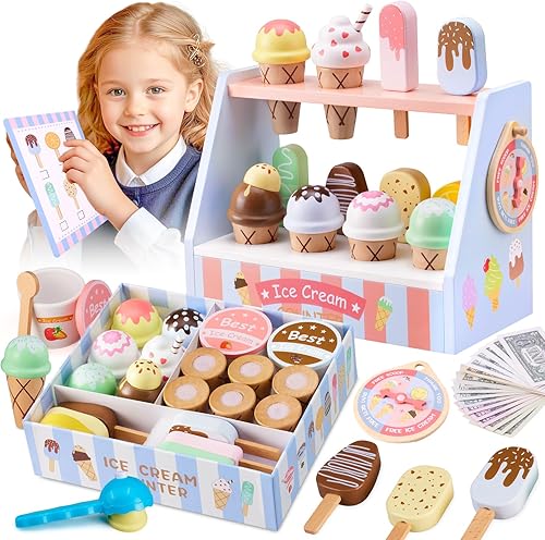 Miniatura 8 de Ehome Juego de juguetes de helado de madera, tienda de alimentos para niños, para servir helados, mostrador, tienda, juego de cocina con rueda de la