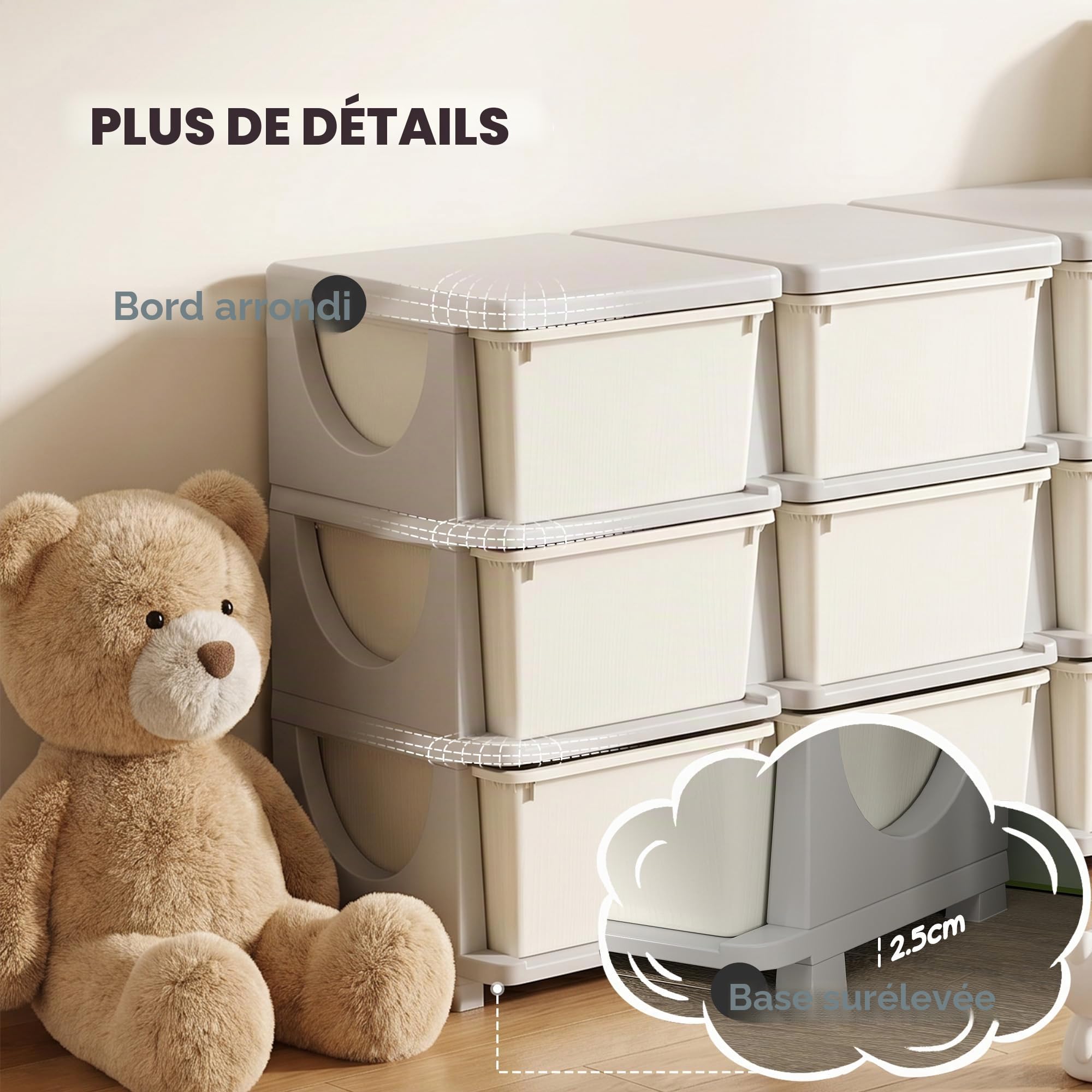 HOMCOM Meuble de rangement en plastique à 9 tiroirs, meuble de rangement pour enfants à 3 niveaux, coffre à jouets pour enfants pour la chambre d'enfants, la salle de jeu, la chambre à coucher, crème