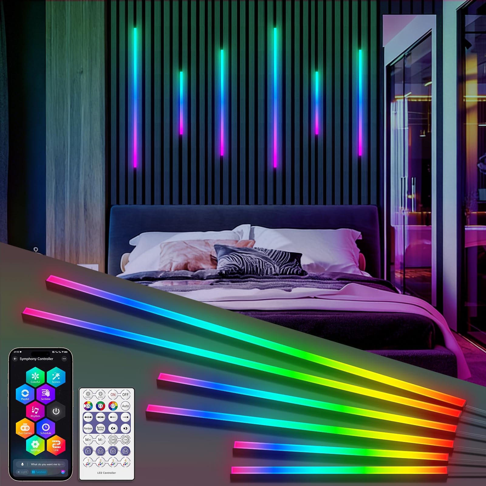 RGB+IC LED Akustikpaneele Beleuchtung, 6 Stück Intelligente Farbverfolgende Wandpaneele Beleuchtung mit Alexa & WLAN-App-Steuerung, DIY LED Streifen mit mehreren Farben (35*2+53*2+86*2cm)