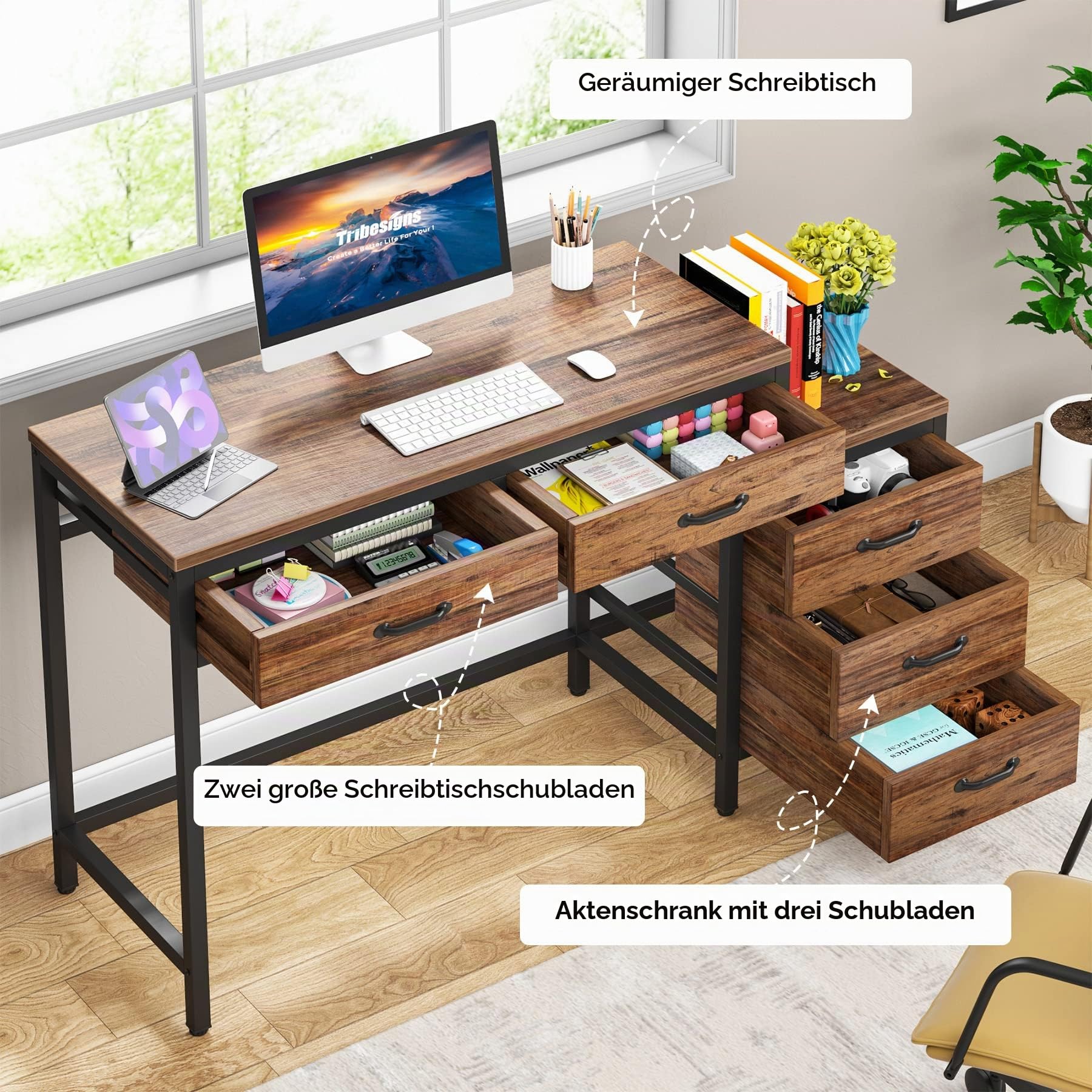 Tribesigns Schreibtisch mit 5 Schubladen, Computertisch PC Tisch mit umschaltbarem Schubladenschrank Druckerständer, Bürotisch Schreibtisch Holz Officetisch fürs Büro, Wohnzimmer, Home, 130x45x82cm