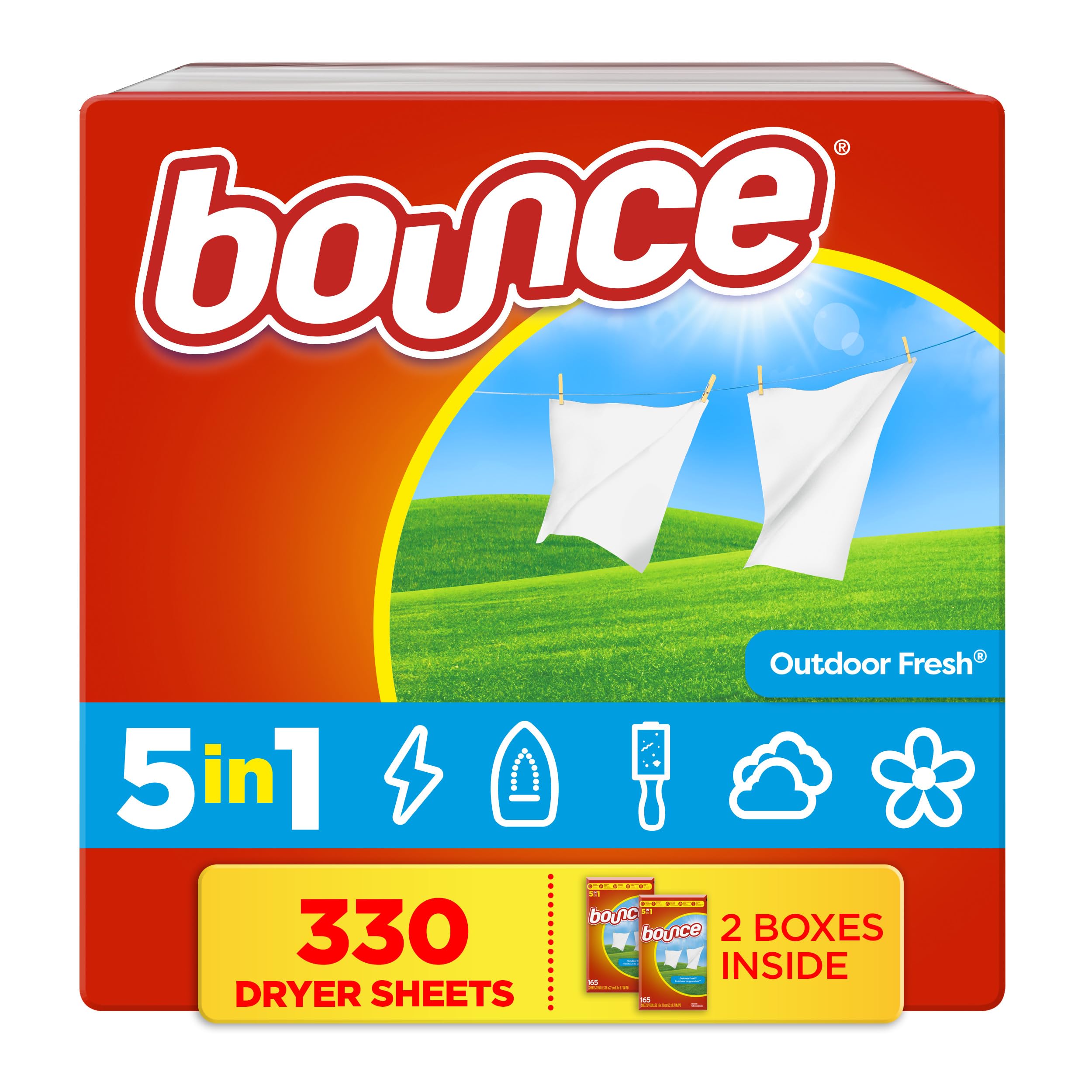 Bounce Dryer Sheets 330 count Outdoor Fresh Scent Fabric Softener Sheets Reduces Static Softens and Fights Wrinkles