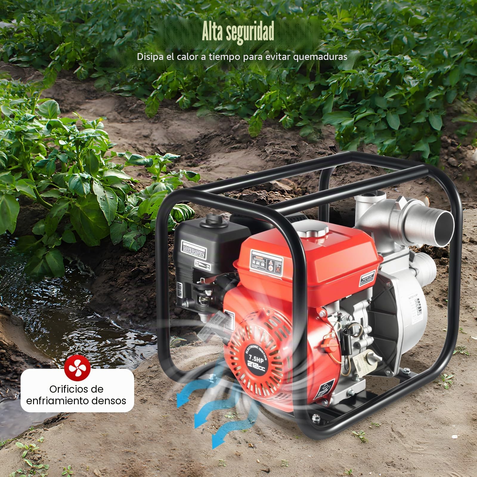 Bomba de agua de motor de gasolina de 7,5 CV, 4 tiempos, volumen de extracción, 35 m³/h, conexión de 3 pulgadas y altura de extracción de 30 m, bomba de agua sucia