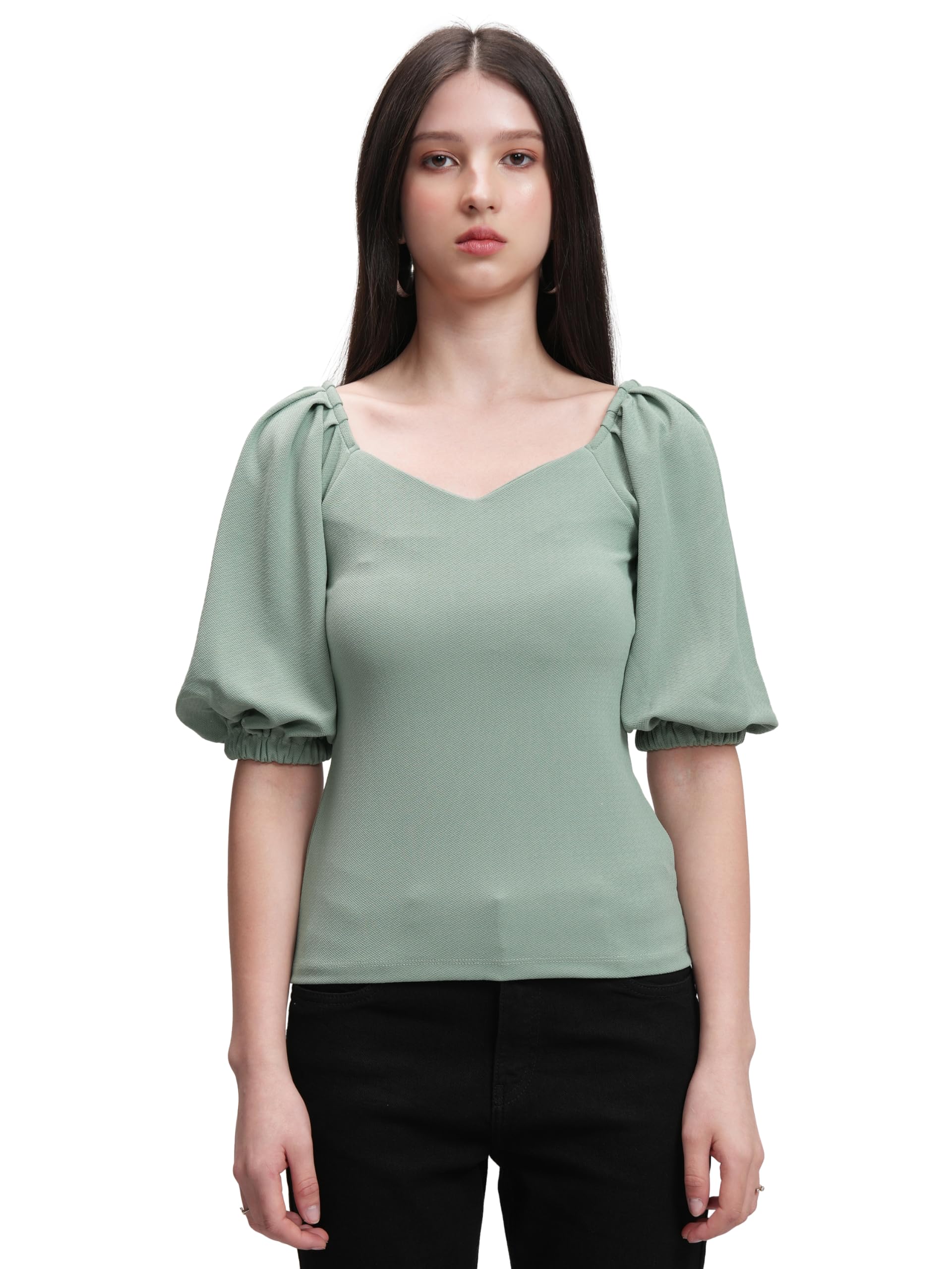 tokyo talkies Women's Fitted Top | Short Puff Sleeves | Front Gather Detail | Chic & Flirty | Perfect for Casual & Dressy Outings | Tops for Woman | Women Tops | Stylish Top-picture-54