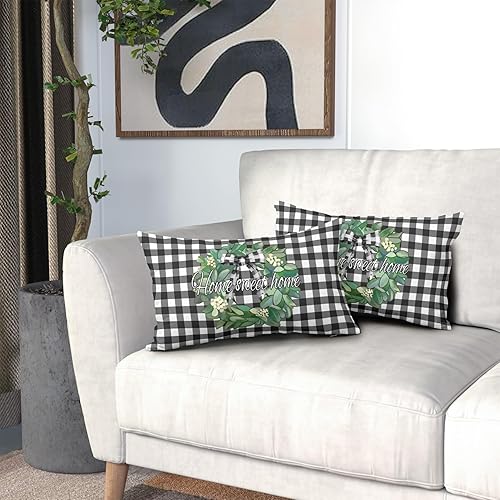 Miniatura 7 de Juego de 2 fundas de almohada lumbar de 12 x 20 pulgadas con diseño de flores de primavera y diseño de corona de búfalo blanco y negro, fundas