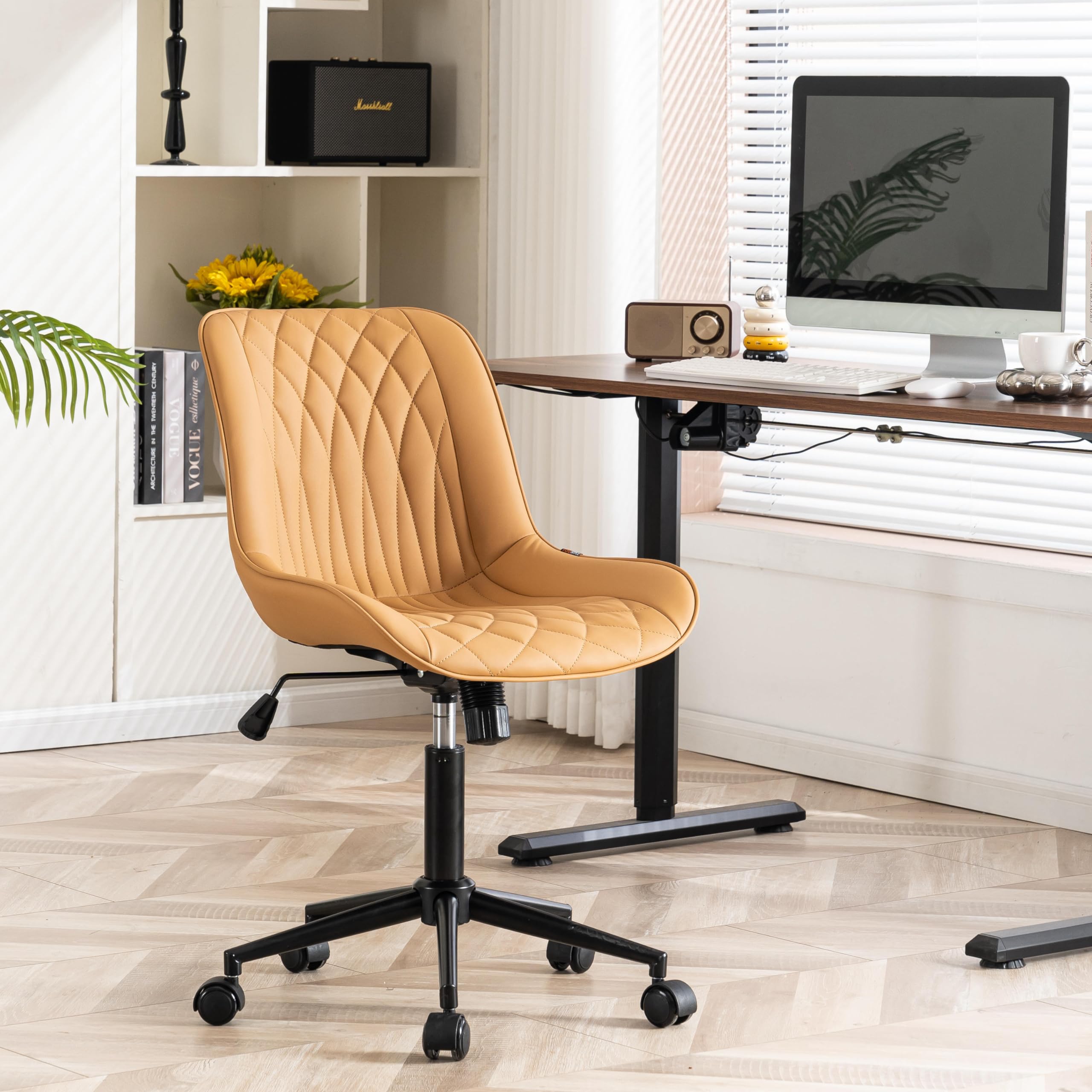 YOUNIKE Silla de escritorio con ruedas, silla de oficina sin brazos, silla giratoria con respaldo tapizado de piel sintética, sill