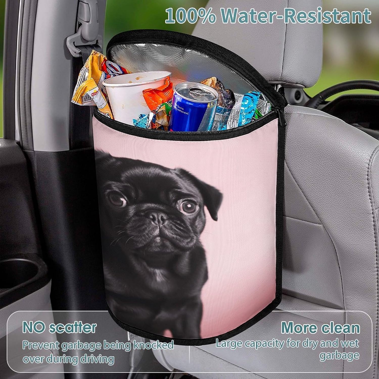 Cute Black Pug Car Trash Can with Lid Large Capacity Car Trash Bag Hanging Back Seat Leakproof Vehicle Garbage Organizer Holder Foldable Cars Garbage Bag for Home Travel