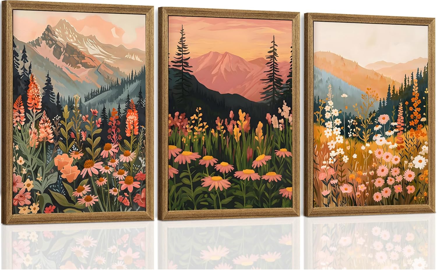 ICHZUMW Framed Boho Abstract Landscape Mountain and Floral Canvas Wall Art Set of 3, Colorful Nature Botanical Paintings Artwork, Large Wildflower Wall Decor for Living Room Bedroom Office, 12x16in