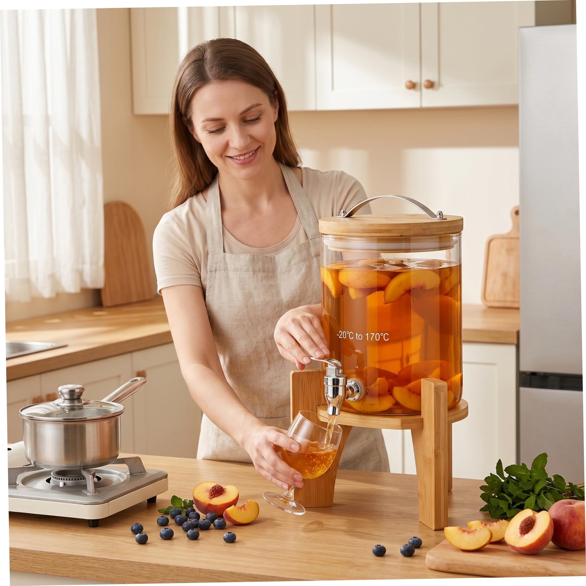 Getränkespender mit Ständer, 1, 5 l Glas-Getränkespender mit Bambusständer und Zapfhahn zum Selbstbrauen von Säften, Eisgetränken. Eisgetränkespender aus Glas