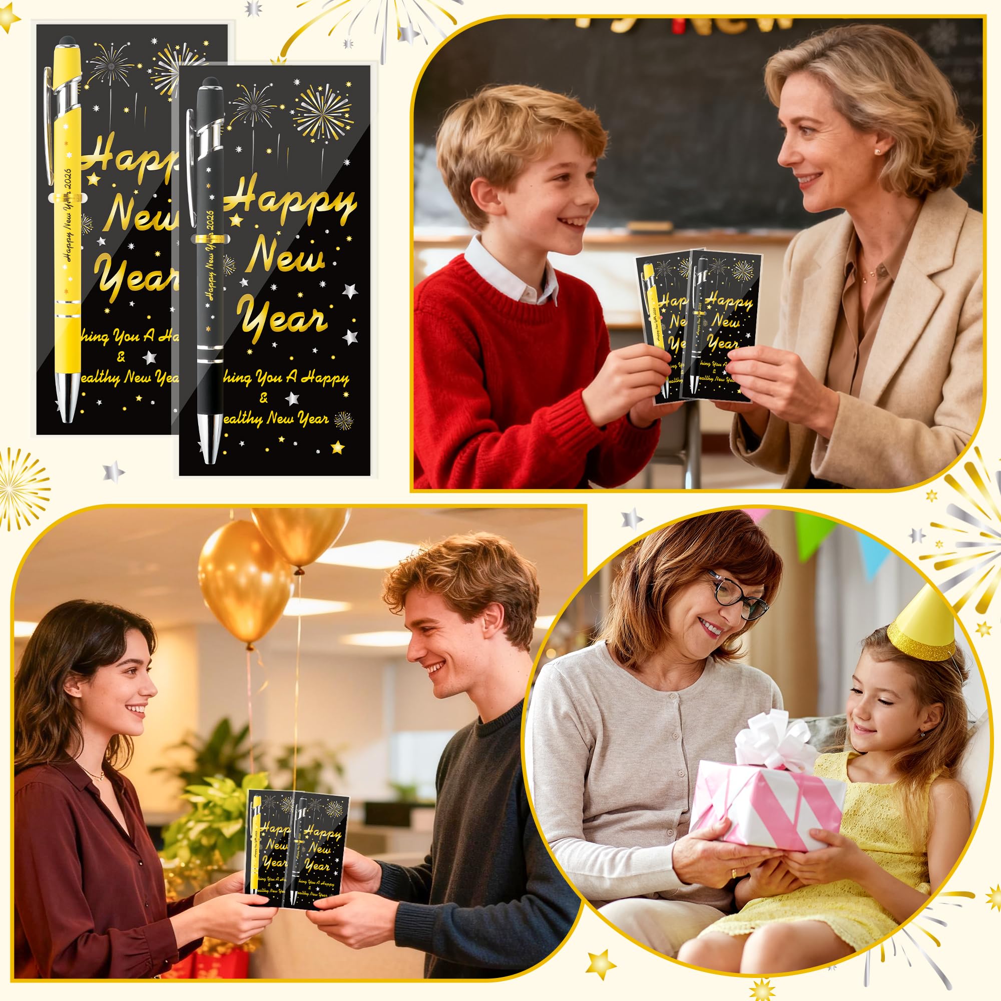 ANGOLIO Lot de 200 marque-pages inspirants dorés et noirs en métal pour invités, enseignants, employés 2026, réveillon du Nouvel An, cadeaux de Noël, fournitures de fête