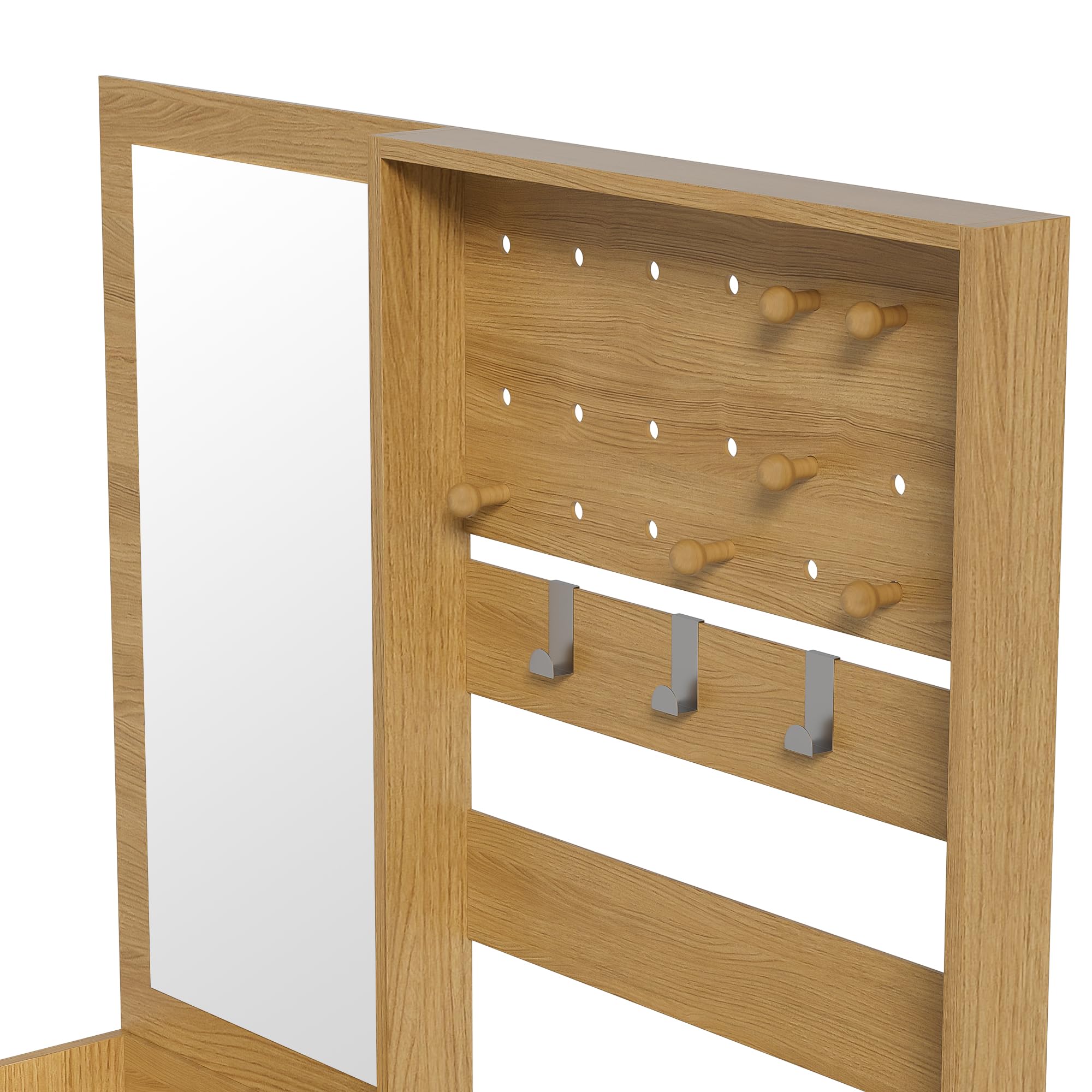 Perchero compacto con espejo, moderno estante de entrada para pasillo con ganchos ajustables y estantes, para zapatos, abrigos y objetos pequeños, blanco, 105 x 38 x 180 cm (color madera)