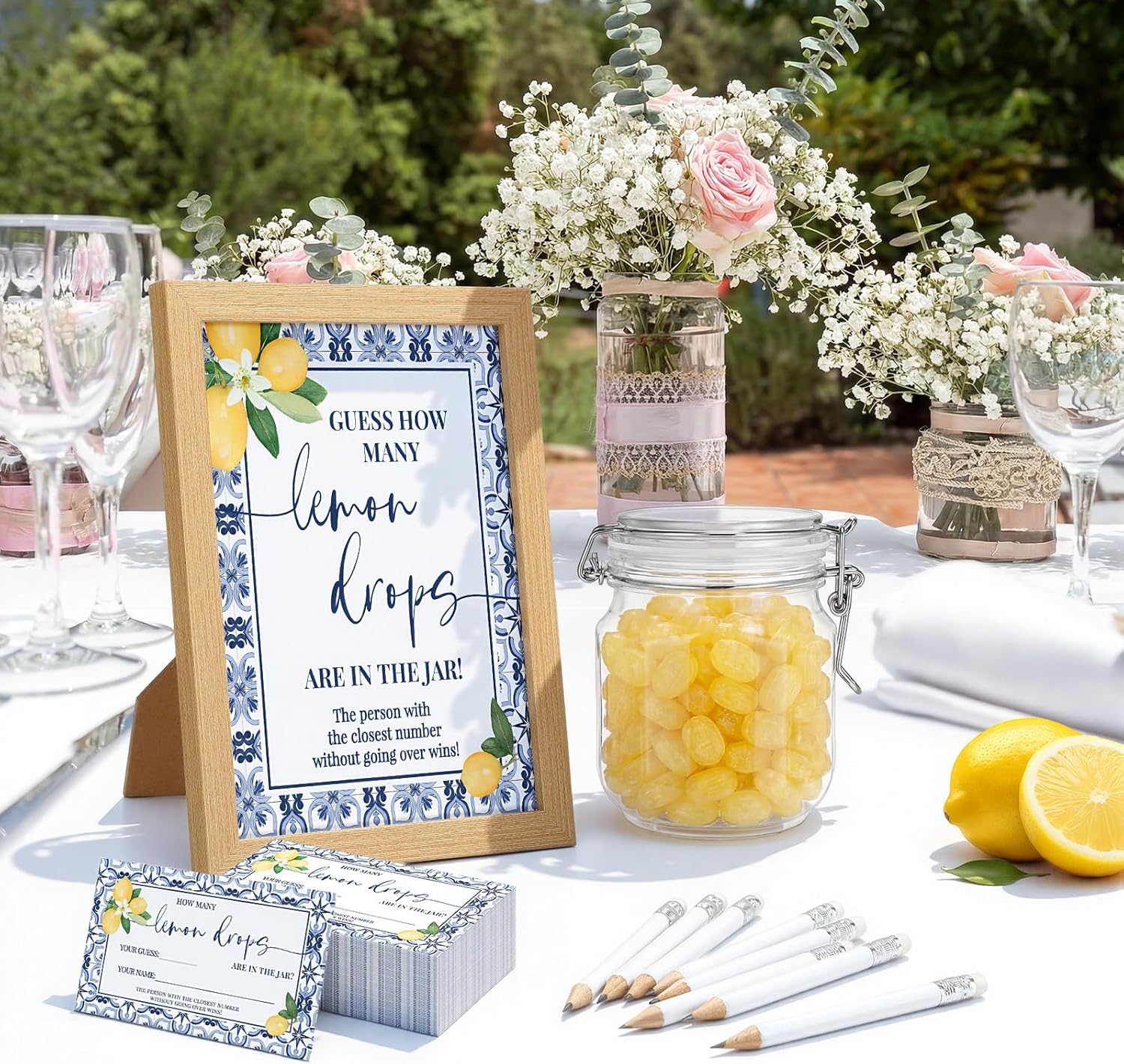 Leelosp 114 Pcs Capri Lemon Guess How Many Lemon Drops Bridal Shower Games Amalfi Coast Italian Wedding with Wooden Photo Frame Riddle Cards Plastic Jar HB Pencils for Bridal Wedding Shower Favors