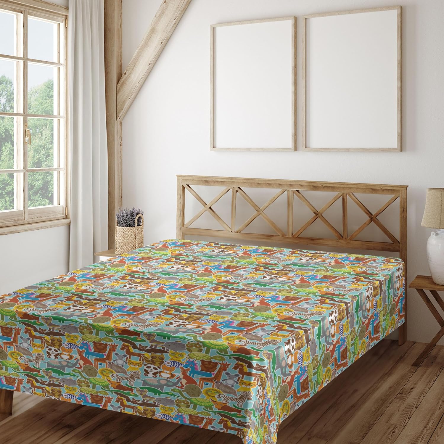 Ambesonne Animals Flat Sheet, Various Kinds of Wildlife Animals on a Blue Background Cartoon Zoo, Soft Comfortable Top Sheet Decorative Bedding 1 Piece, Queen Size, Multicolor