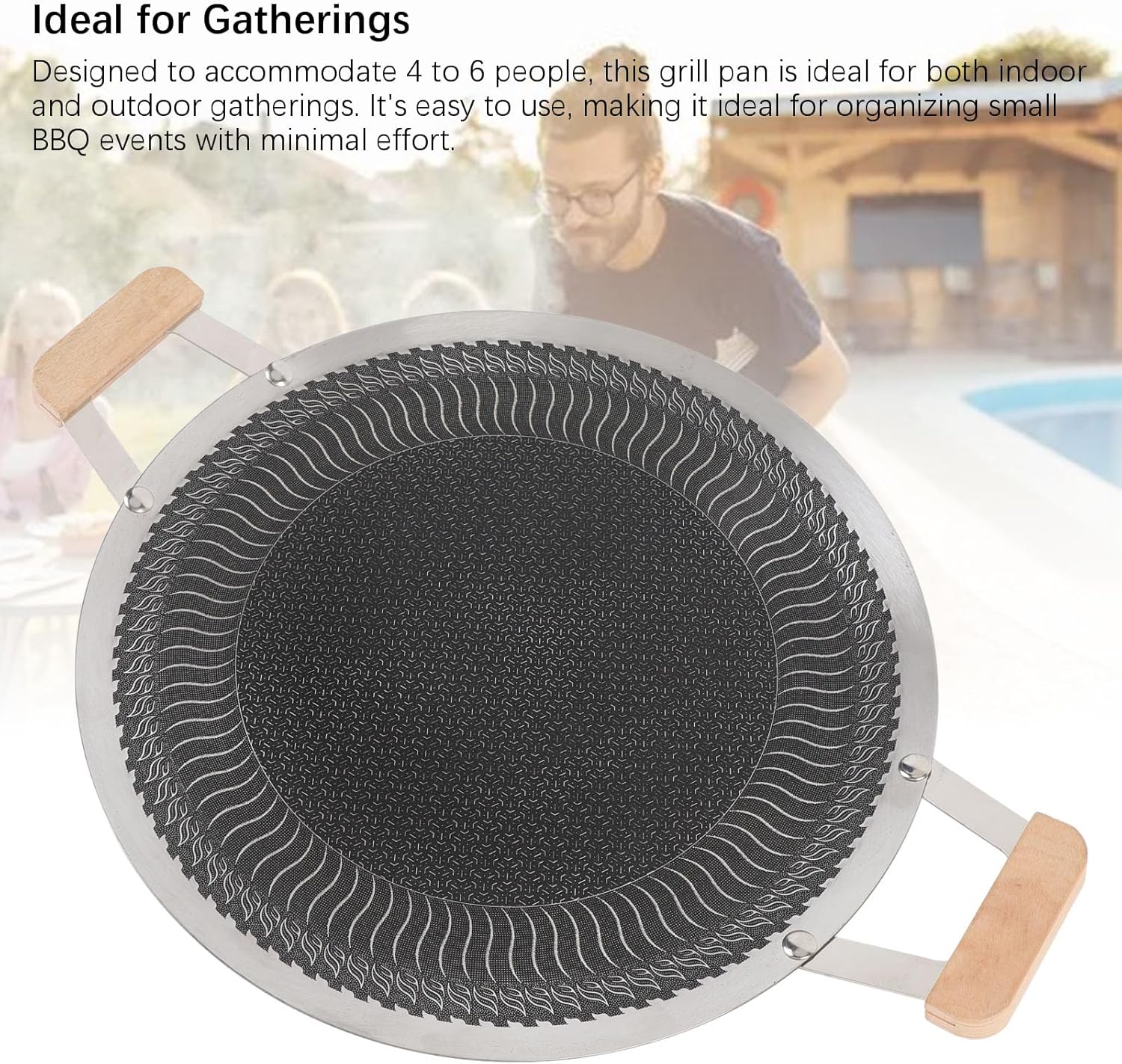 POCREATION Korean BBQ Grill Pan Stainless Steel Nonstick with Wood Handle 38cm for 4–6 People Fast Heat Distribution