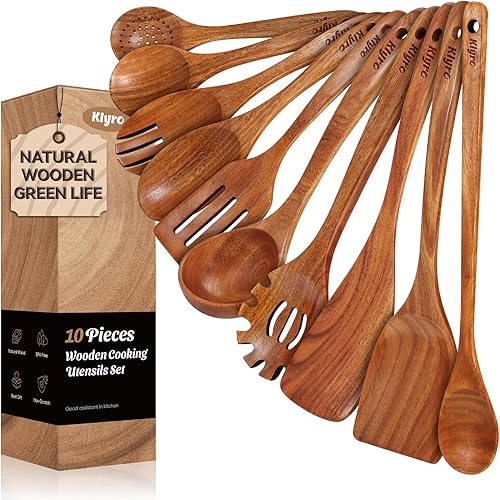 Vista 12 de Cucharas de madera para cocinar, juego de utensilios de cocina antiadherentes con 4 cucharas medidoras, juego de espátulas de madera de agarre