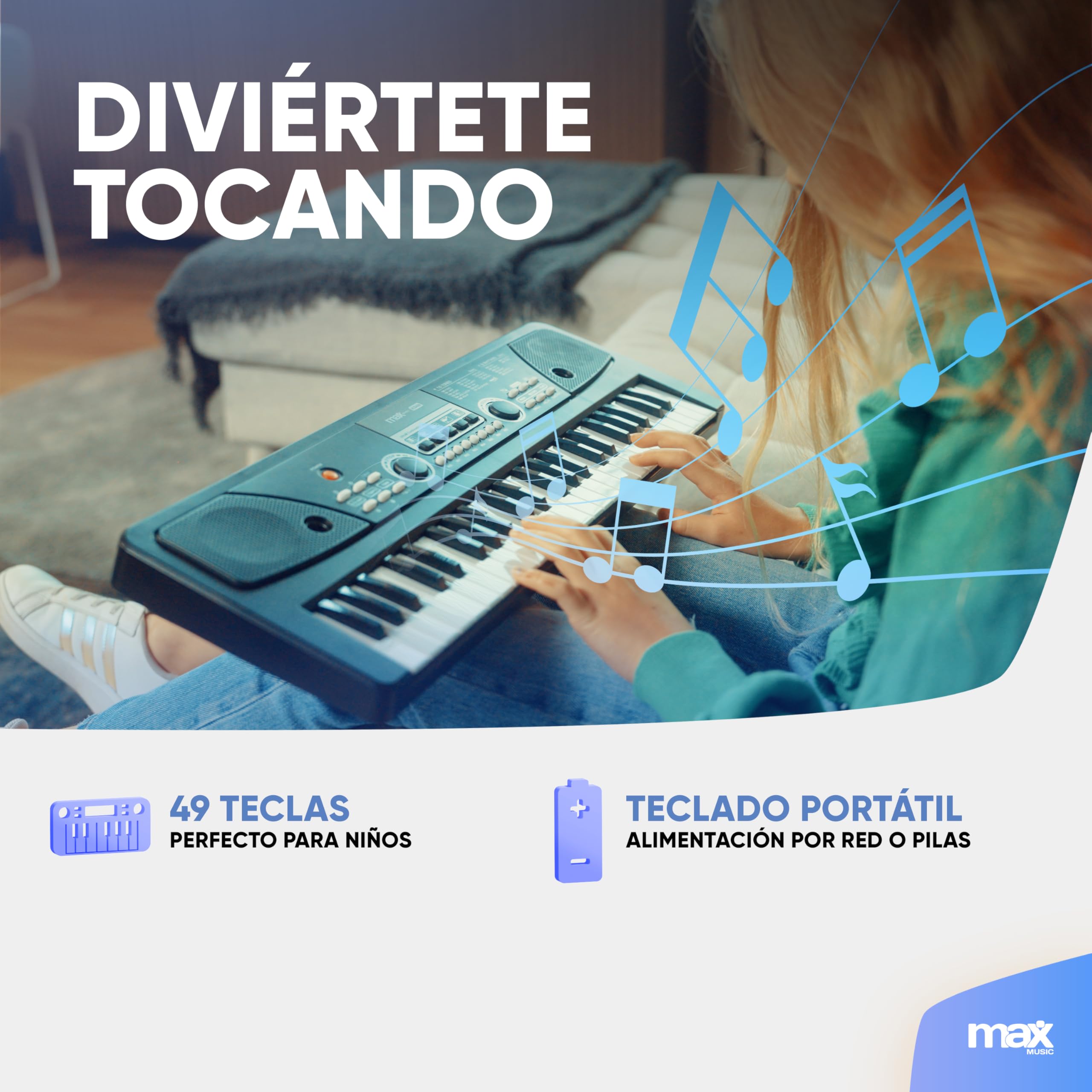 MAX KD49 – Teclado electrónico 49 teclas con batería recargable, micrófono incluido, 16 sonidos y 8 ritmos, función aprendizaje, grabación, USB,portátil y compacto, iniciación musical, color negro