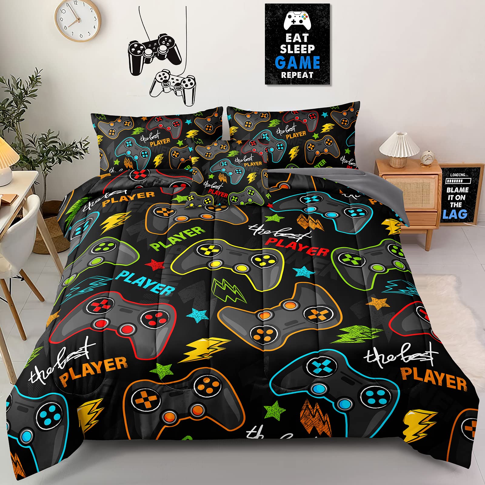 Z.Jian HOME 6 Pieces Gaming Bedding Set Full Size for Boys Gamer Comforter Set for Boys Girls Kids Teens 6 Piece Bed in A Bag Video Game Bedding for Gamer Room Decorative Full25