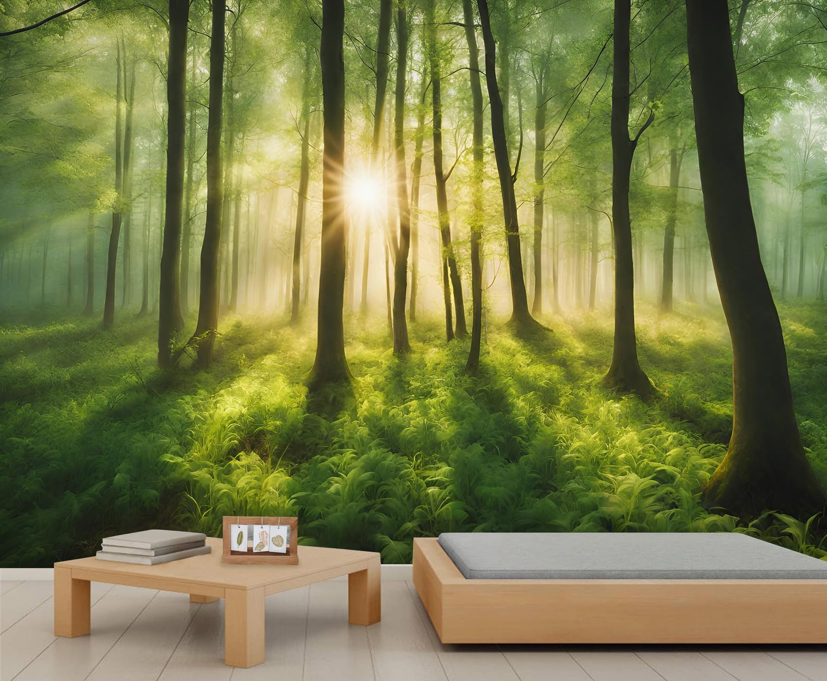 Green Sunny Forest Mural Wallpaper Foggy 3D Green Forest Wall Murals Natural Woodland Plant Scenery Wallpaper for Bedroom Living Room Children's Room 500 x 317 cm