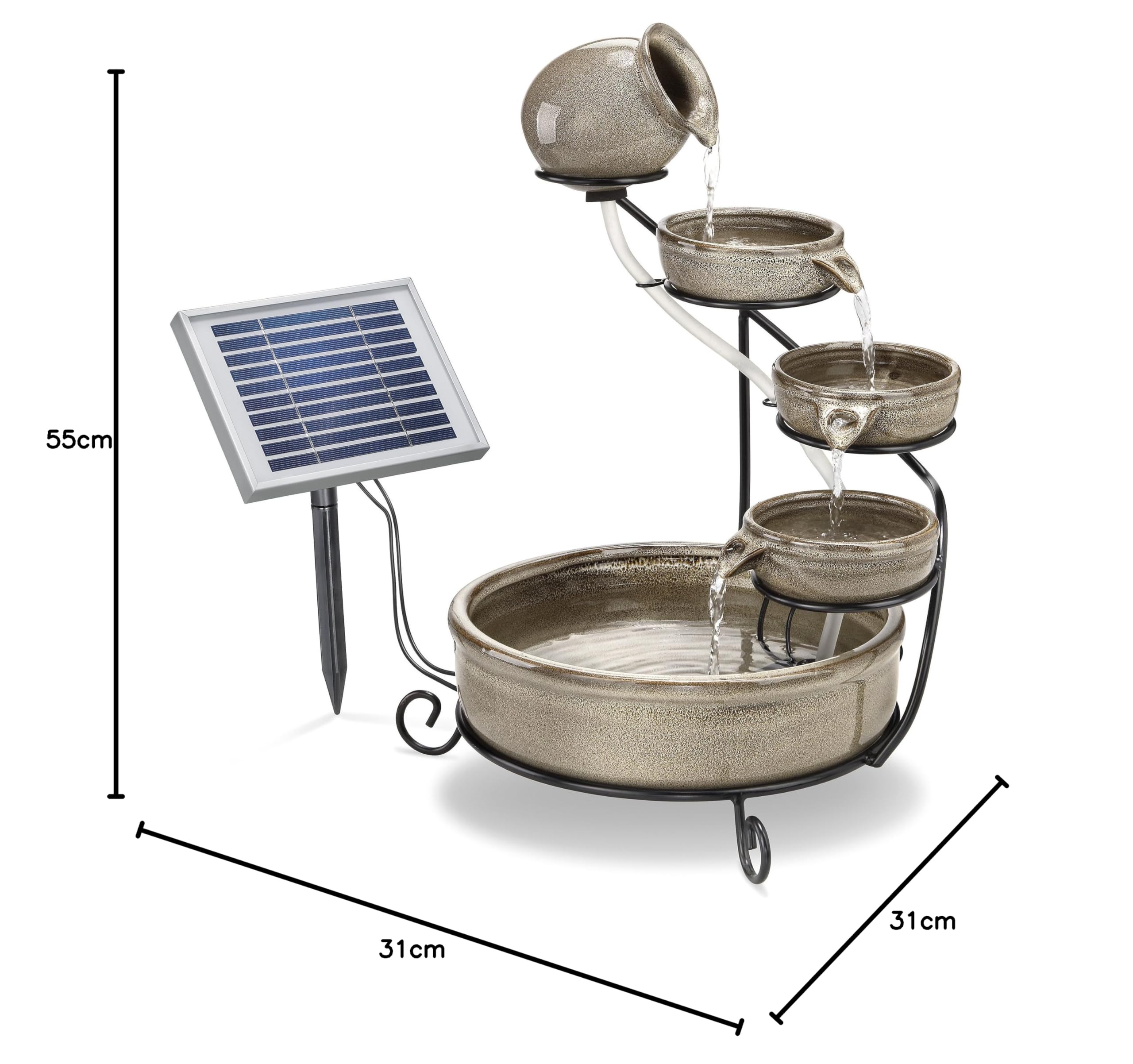 esotec Solar Kaskadenbrunnen Keramik Gartenbrunnen Pisa, Akku + LED Wasserspiel Springbrunnen außen, terrakotta grau H=55cm 101300