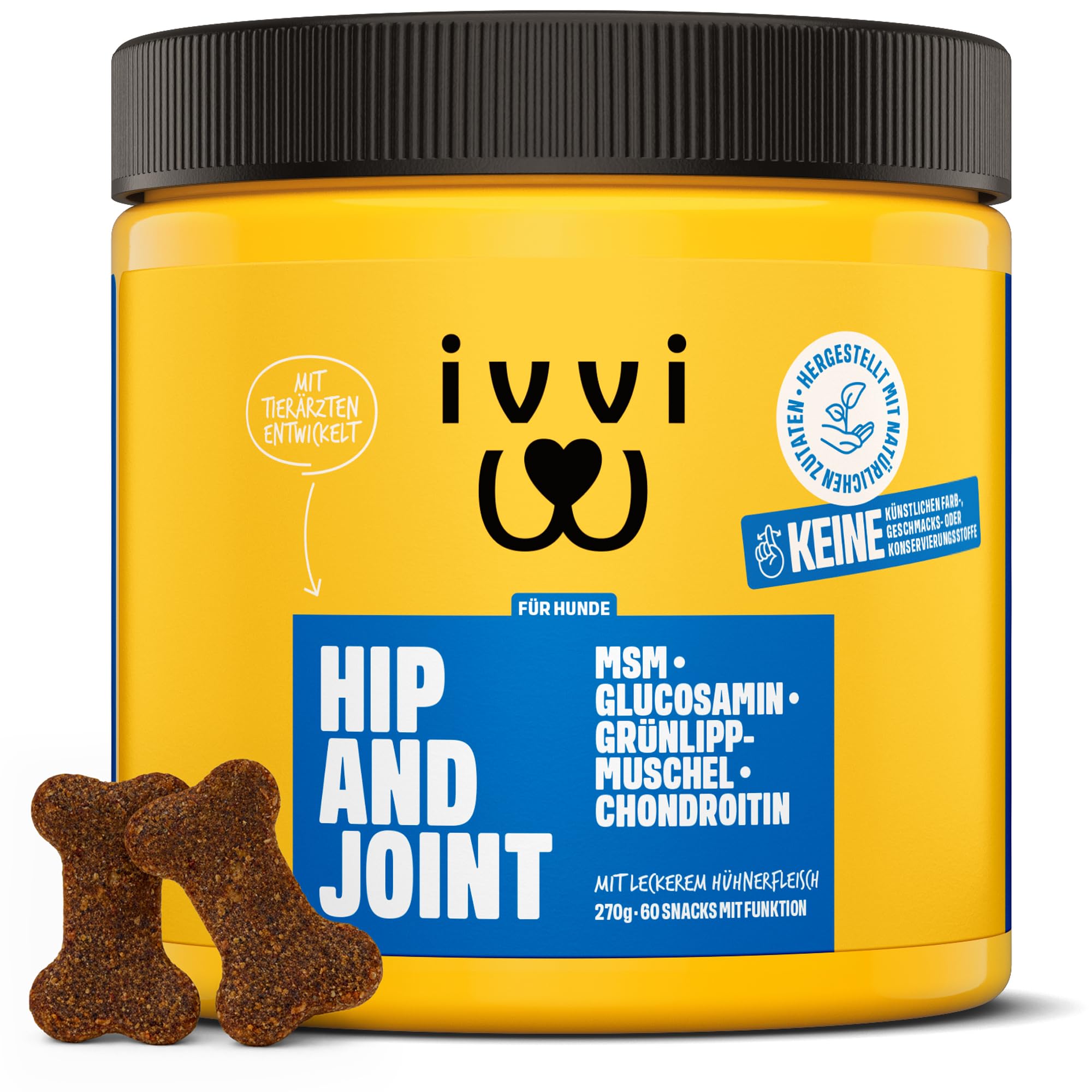 ivvi Hip & Joint - hochkonzentrierte Gelenktabletten für Hunde als Leckerli mit Grünlippmuschel Hund, Glucosamin, Chondroitin & MSM - 60 leckere Snacks (270g) mit Huhn