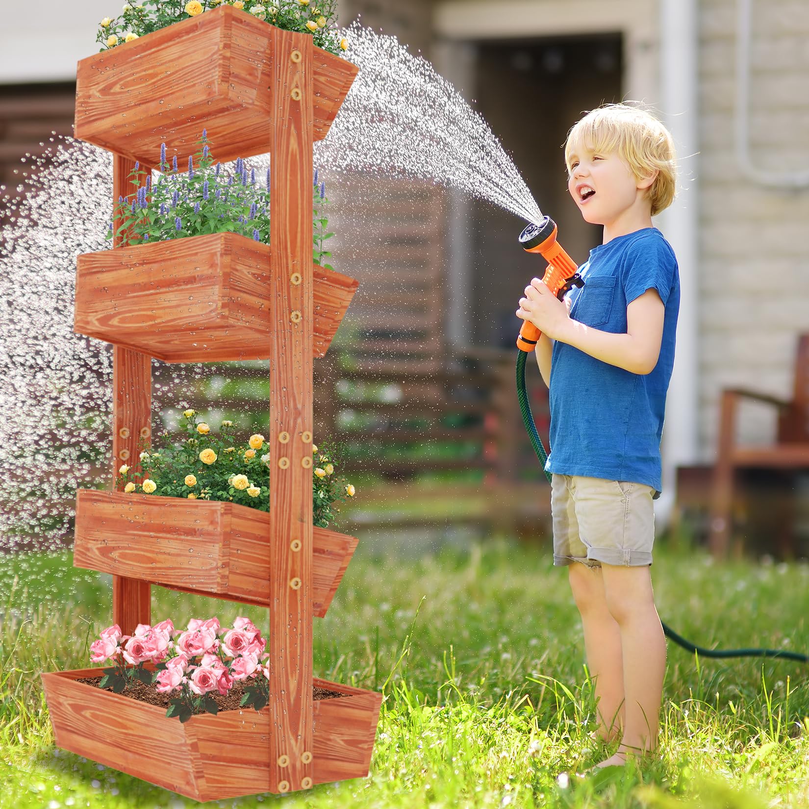 unho Jardinera Vertical de Madera: Huerto Urbano Ajustable Estantería Macetas para Flores Verduras Hierbas para Terraza Balcón y Jardín 140 x 65 x 26cm