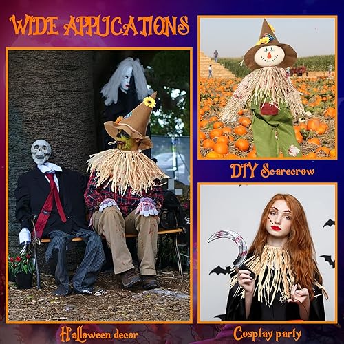 Miniatura 6 de Disfraz de espantapájaros de Halloween, incluye sombrero de espantapájaros, kit de paja de espantapájaros de rafia, tatuajes faciales, accesorio de