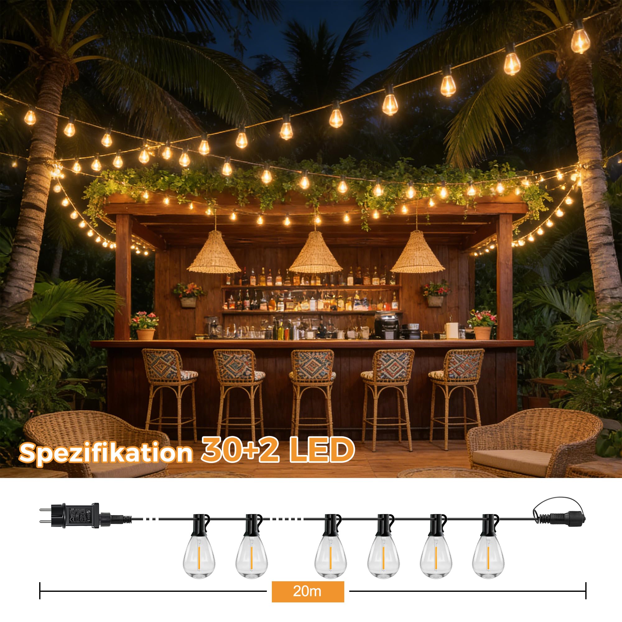 HeiPard LED Lichterkette Außen Outdoor Strom 20M - 30 S11 Glühbirnen | Wetterfest Warmweiß Dimmbar Aussen Beleuchtung Lichterketten String Lights mit Fernbedienung Balkon Terrasse Garten Party