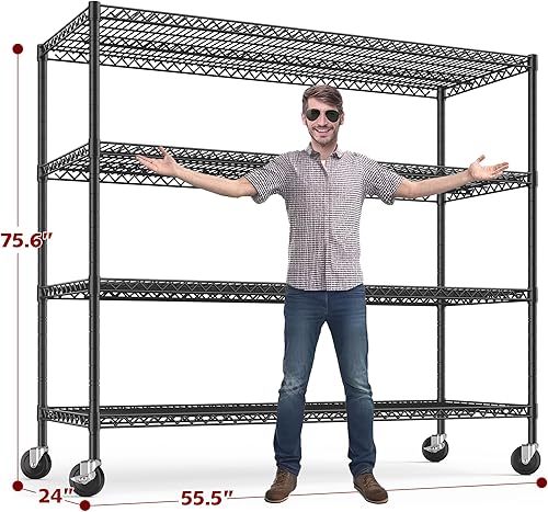 Miniatura 10 de REIBII Estantes de almacenamiento de 55.5 pulgadas de ancho, 2500 libras, estante de alambre con ruedas de 75.6 pulgadas de alto, estantería