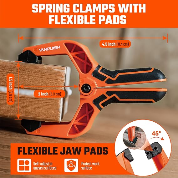 VANQUISH 4.5 inch Heavy Duty Spring Clamps, 4 Pack Large Nylon Spring Clips with 1.5 Inch Mouth Opening for Woodworking, Crafts, Backdrop Stand, Photography and Household Use, 3635