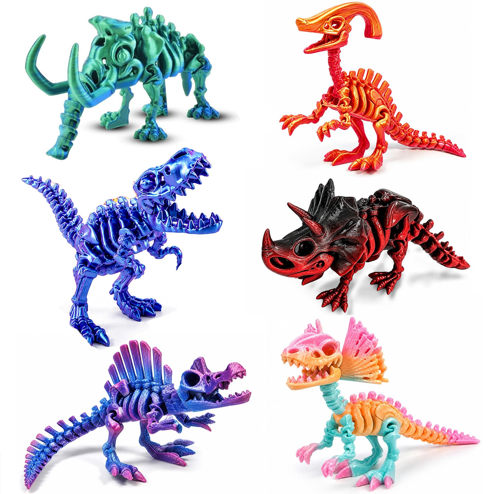 Dutown 6PCS 3D Printed Dinosaur Skeleton Set, Articulated Dinosaur Toys with Movable Joints & Adjustable Jaws, Dinosaur Gifts for Boys Girls Age 3+, Dinosaur Fidget Toys, Collectible Desk Decor