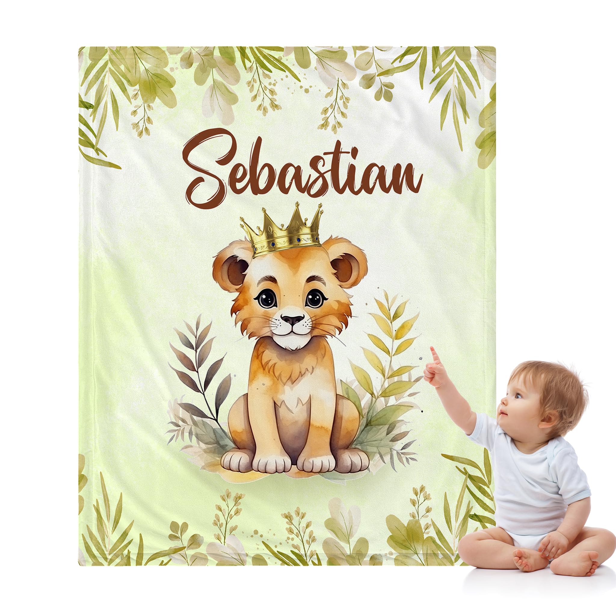 J&SBGFT Custom Baby Boy Lion Blanket with Name,Receiving Blanket for Toddlers Kids Nursery Stroller Crib Cuddles