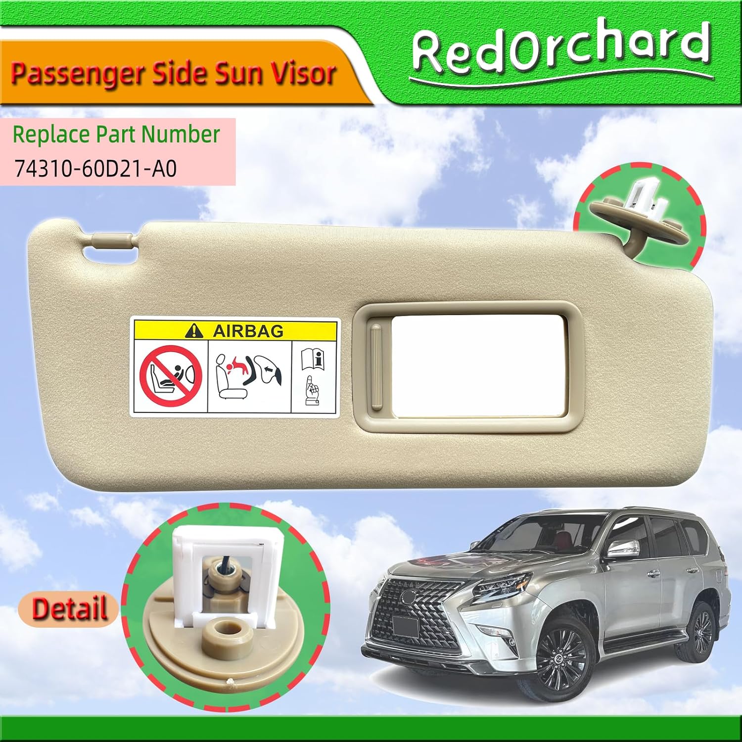 Passenger Side Sun Visor Fit for Lexus GX460 2010-2023 for Toyota Land Cruiser & Prado KDJ155 / KDJ150 2009-2023 Replace 74320-60D22-A0 Front Right Side Sun Protection Shade Sunshade Beige