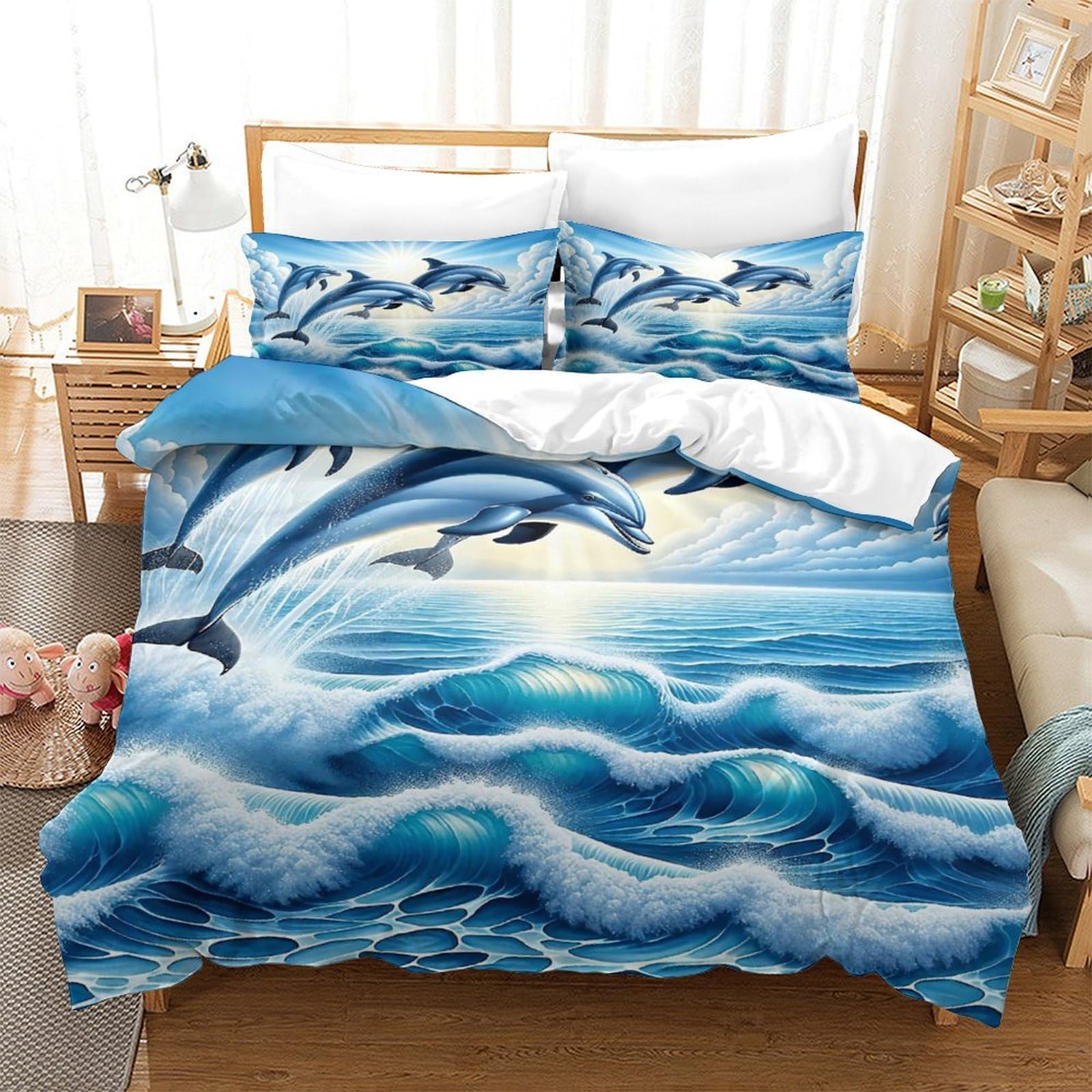 Yyvkpmlxc Girls Style-9 3D Dolphin Duvet Cover,Sunlit Wave Bedding Bed Sets Soft Microfiber Quilt Cover 3Pcs, Comforter Cover With Zipper Closure For Boys Children Bedroom Decor King（220X240cm）