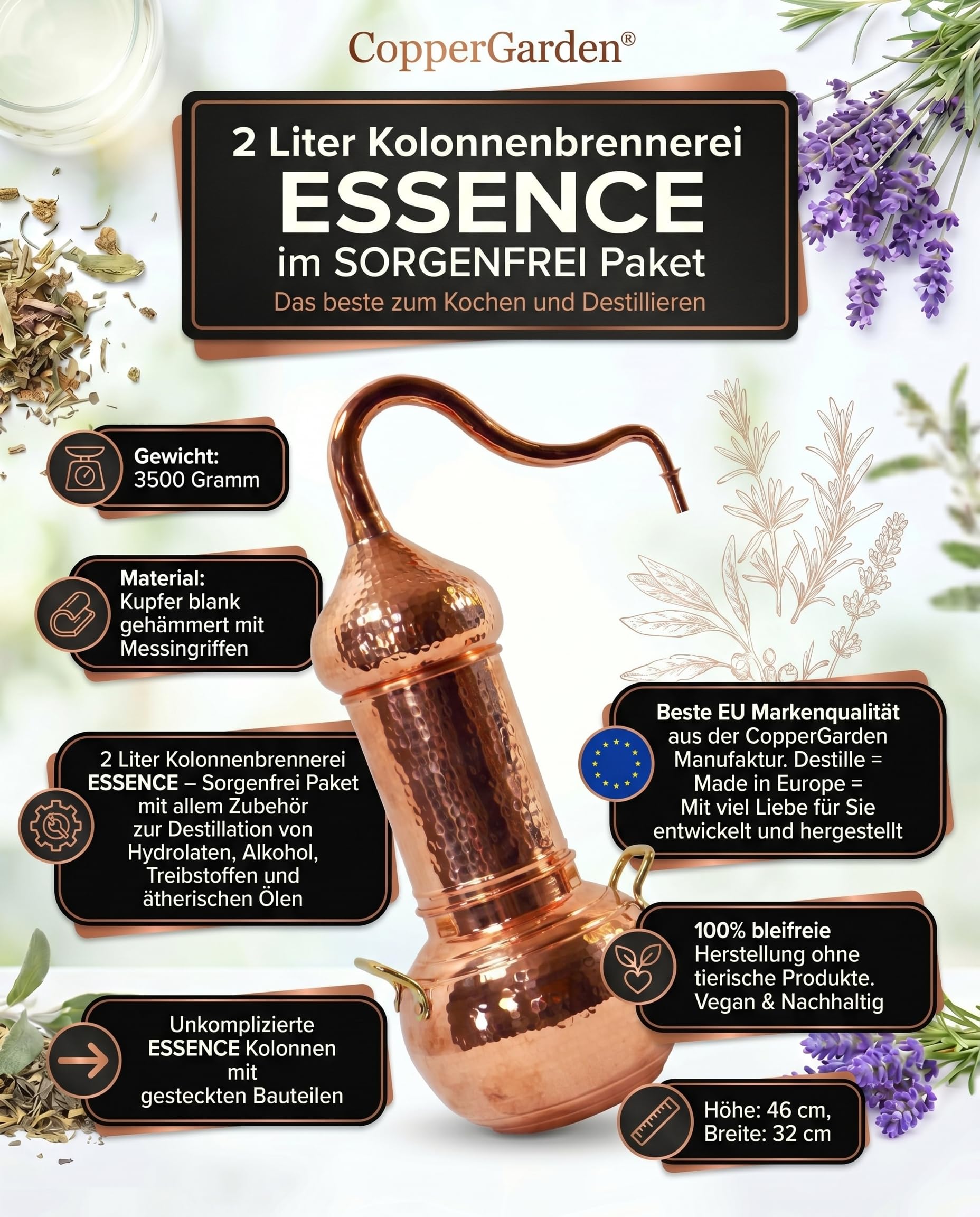 Copper Garden Kupfer Destille Essence Plus 2 Liter | Sorgenfrei Paket I Komplettes Destillen Set | Kolonnenbrennerei mit Aromakorb | Legales Destilliergerät für ätherische Öle / Hydrolate / Düfte / Wasser etc.