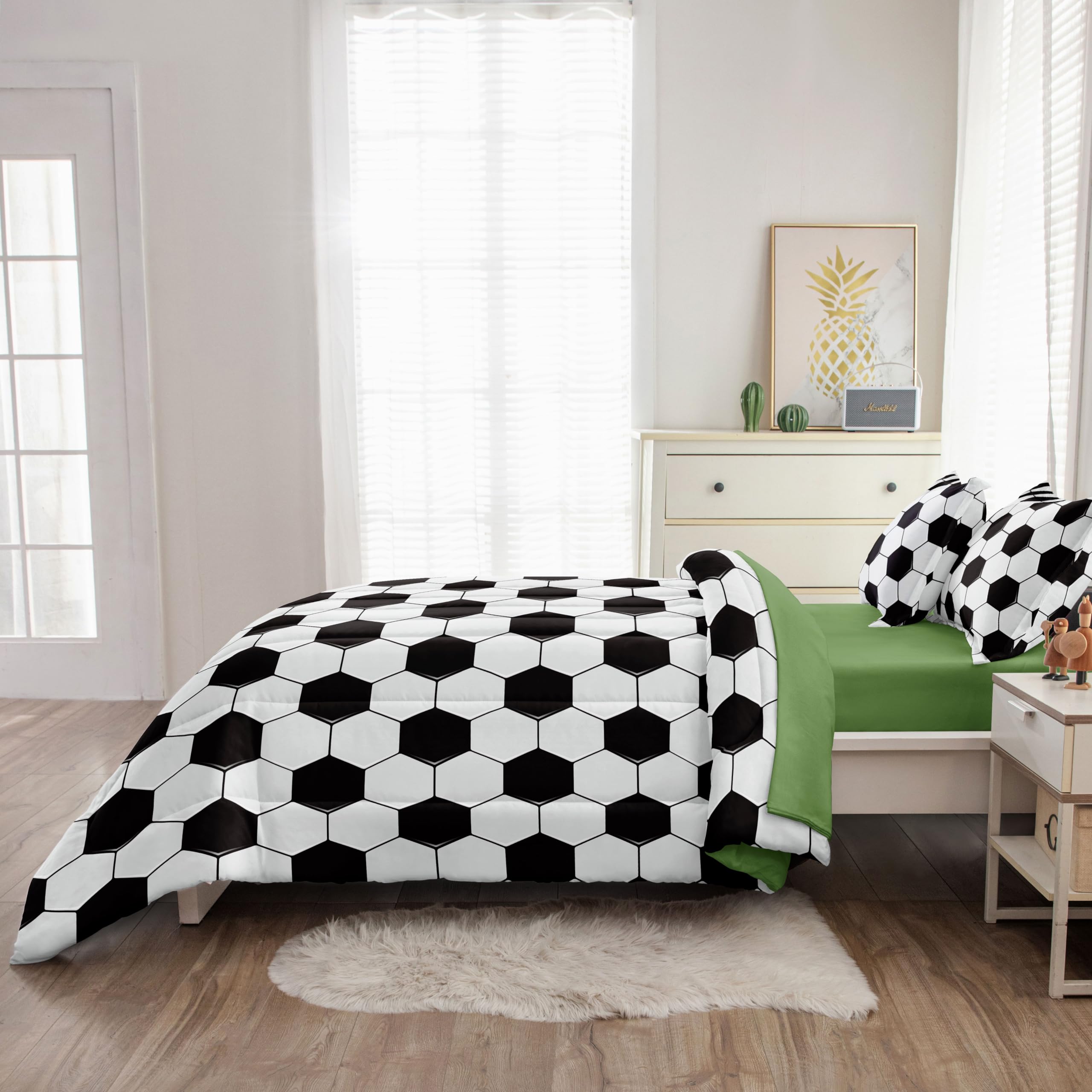 Leaflin Soccer Comforter Set Twin - 4 Piece Bedding Set With Sheets, Black & White Soccer Theme For Kids, Teens