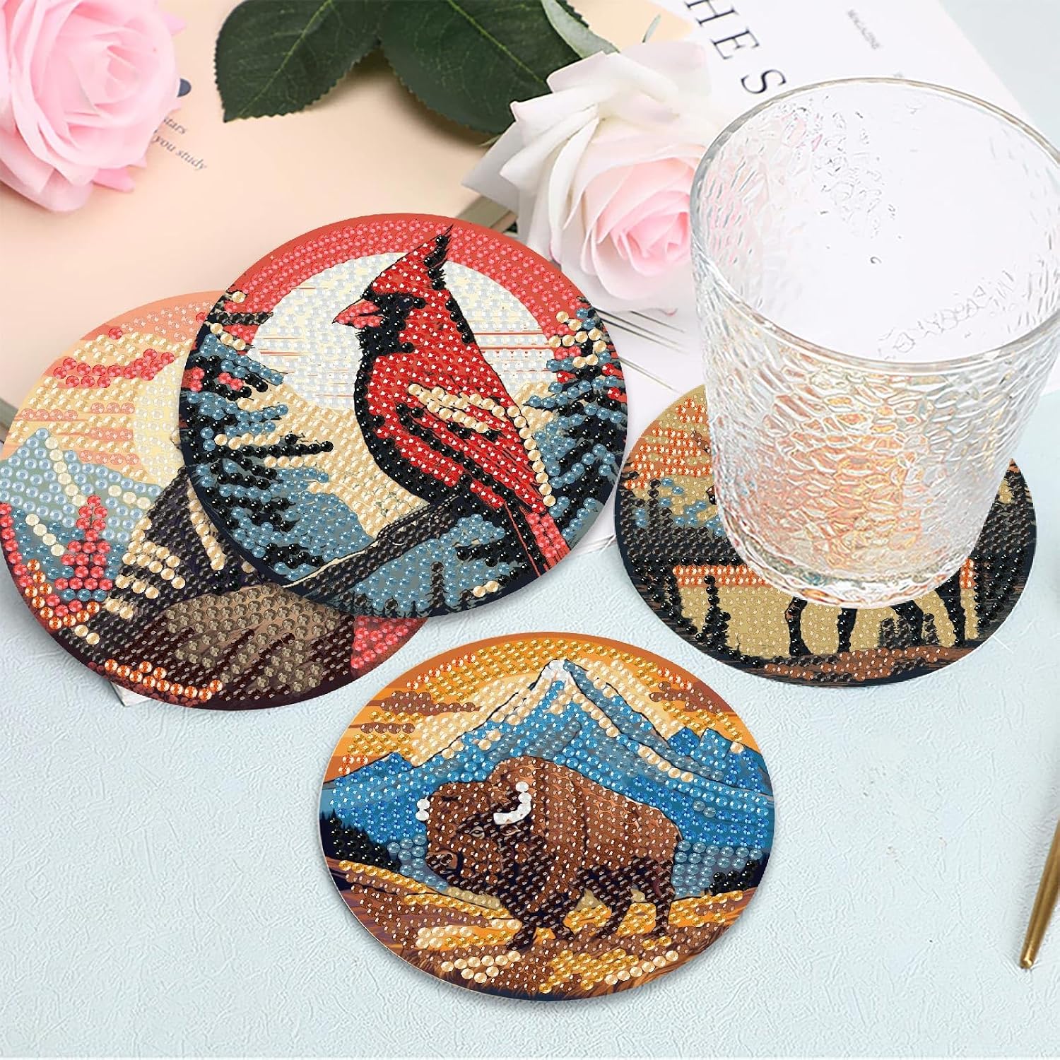 cupmod 8PCS Animal Diamond Art Coasters Kit with Holder,National Park Landscape Diamond Painting Coasters,Small Diamond Art Kits for Adults,Crystal Gem Art Kits for Home Wall Decor