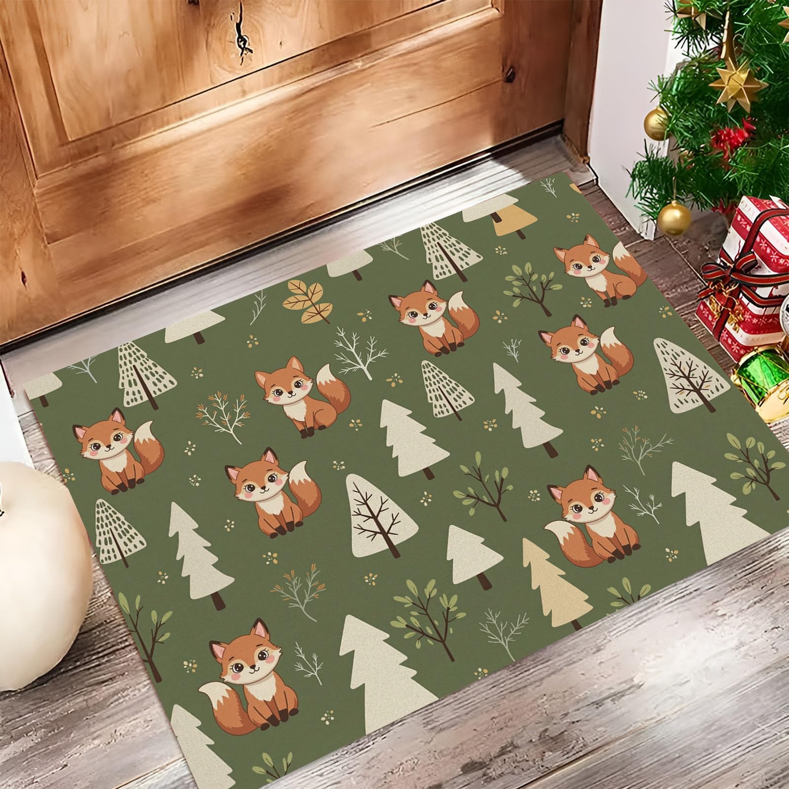 Felpudo Entrada Casa Árboles De Zorro 60x120cm | Alfombra de Puerta Animales Sencillos del Bosque, Felpudo de Bienvenida, Antideslizante, Alfombra Decorativa de Perfil bajo para Pasillo y Sala