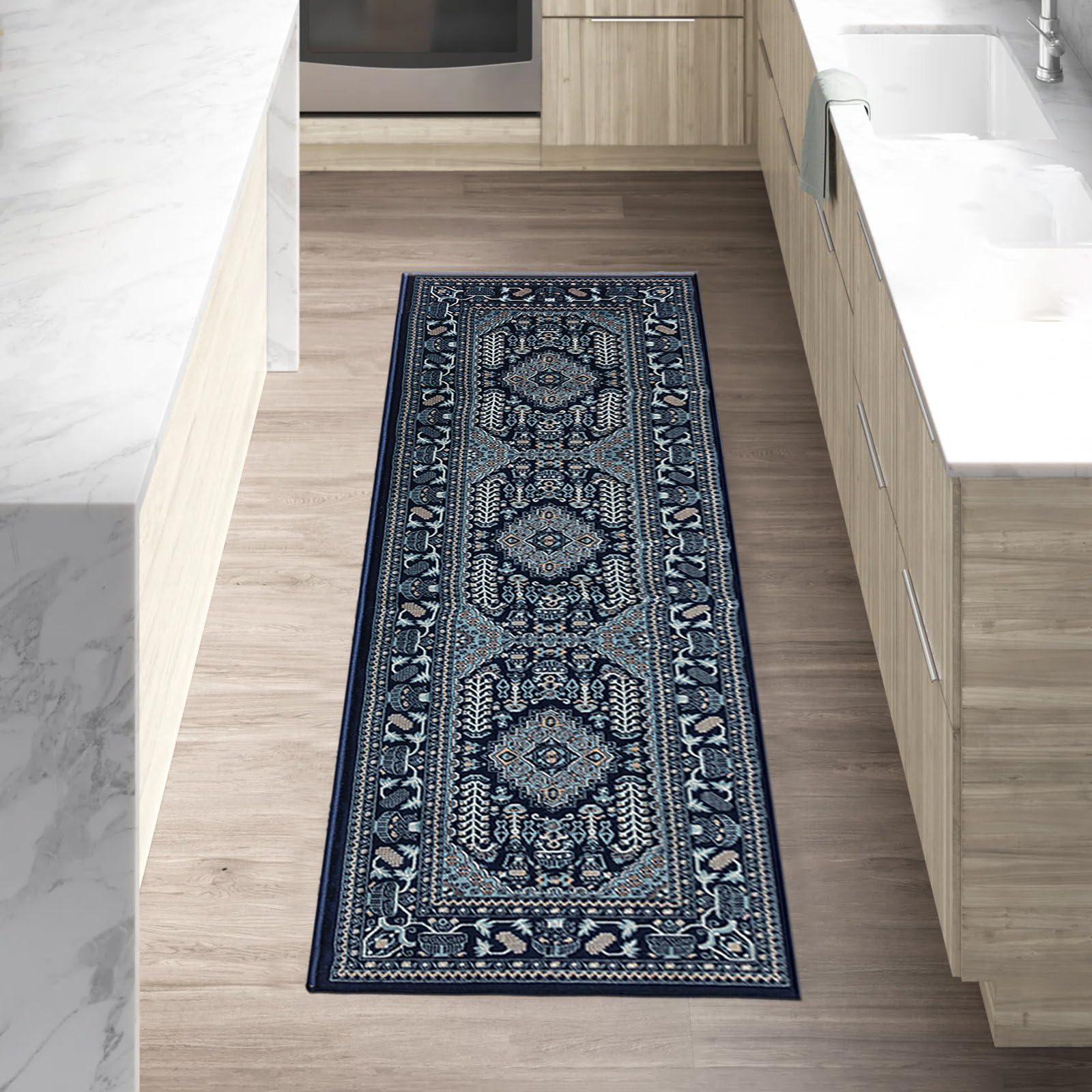 renoazul® Hallway Runner With Medium Pile Oriental Rug - Zinat 60 x 220 cm Navy - Washable Rugs For Kitchen, Corridor, Bedside and Hall Runner