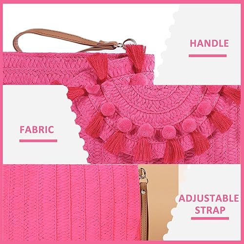 Miniatura 4 de Bolso cruzado de paja para mujer, bolsos de mano rosas, bolsos tejidos bohemios hechos a mano, bolsa de playa de verano con borlas, cartera tipo