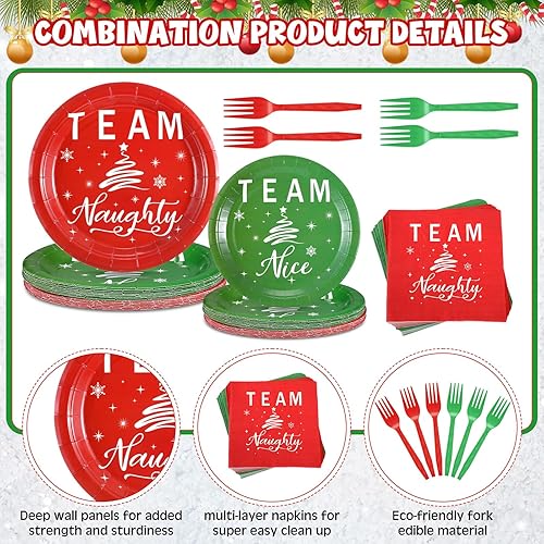 Miniatura 3 de Patelai 120 piezas de suministros para fiestas de Navidad, platos de papel y servilletas, juego de vajilla desechable, 48 platos de equipo travieso