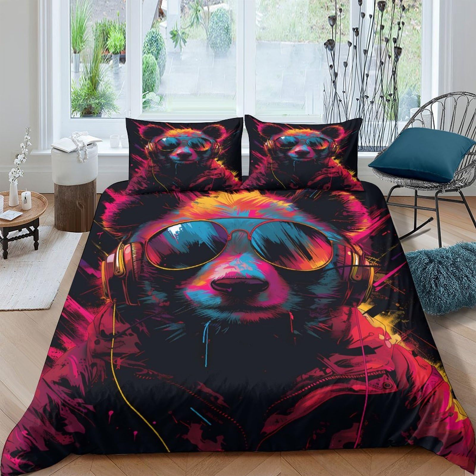 Ctjqhvkz Style-1 3D Printed Cool Panda Fitted Sheet Microfiber Soft Breathable Neon Headphones Bed Cover For Bedroom Dorm Decor Single（135X200cm）