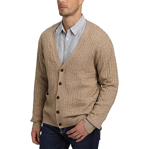 Kallspin Men's Cardigan Sweater Wool Blend Cable Knit V Neck Buttons Cardigan with Pockets