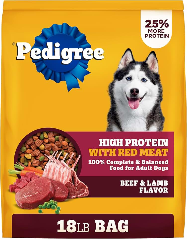 Pedigree High Protein Adult Dry Dog Food, Beef and Lamb, 18 lb | Real red meat, 25% more protein, 36 vitamins &amp; minerals, prebiotic fiber, Omega 6 &amp; Zinc, 100% complete &amp; balanced