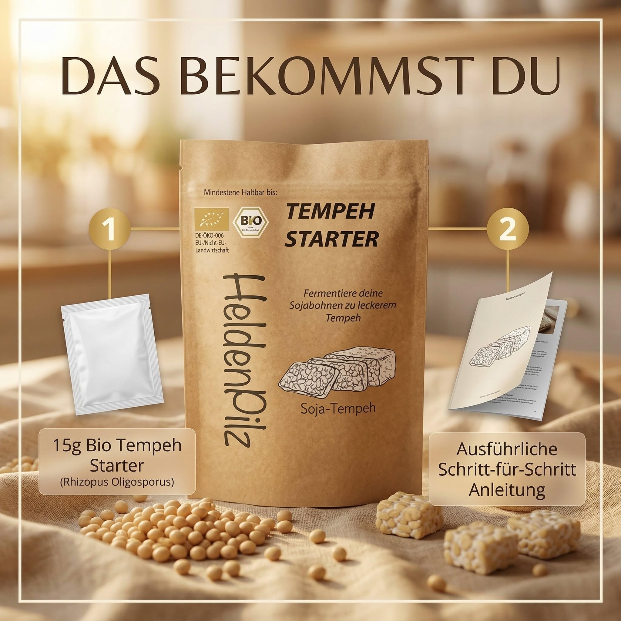 Coltura Starter BIO per Tempeh (Polvere di Tempeh) Rhizopus Oligosporus - fino a 75 KG di Tempeh fatto in casa! Preparazione di Tempeh fatto in casa (Starter per Tempeh 15g)
