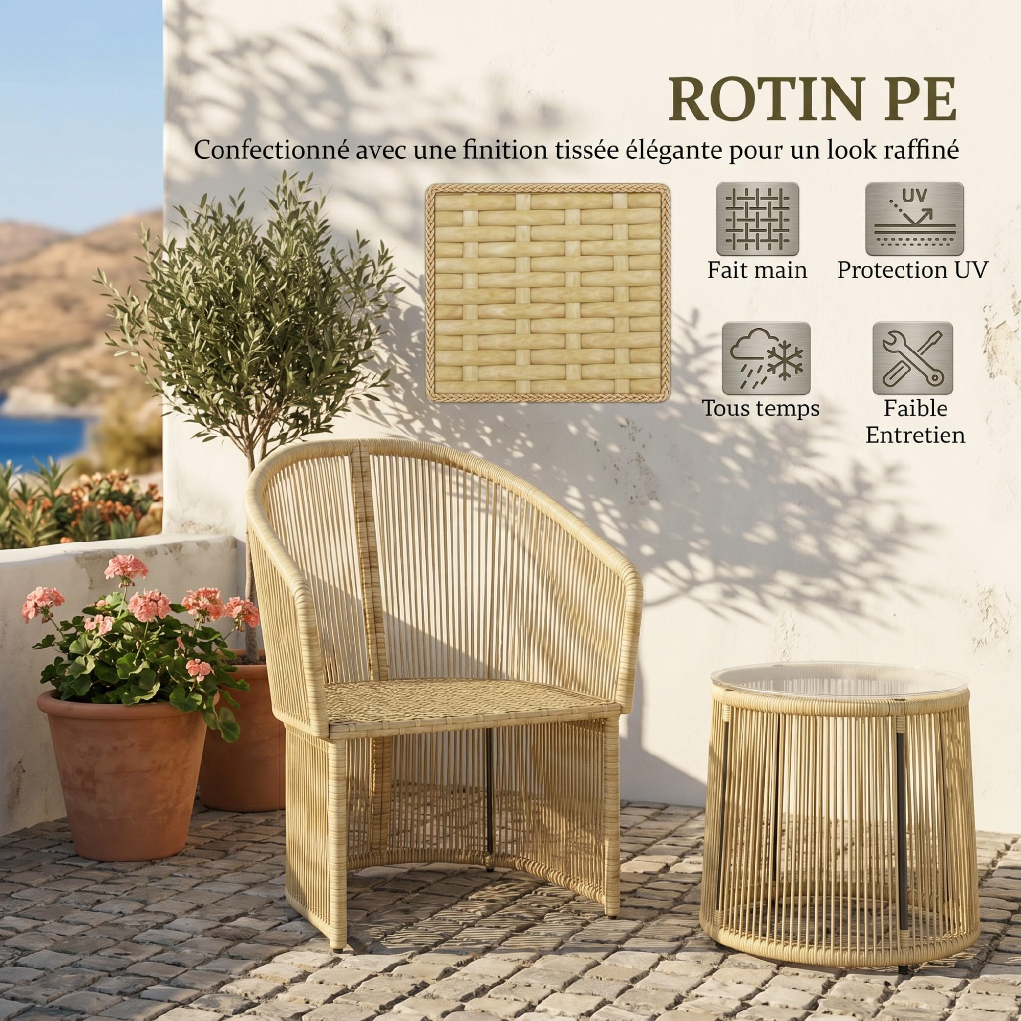 Outsunny Salon de Jardin en Résine Tressée pour 2 Personnes Table Crème | Mobilier d'Extérieur, 2 Chaises, Plateau en Verre, Coussins Inclus, Idéal Balcon, Terrasse, Patio