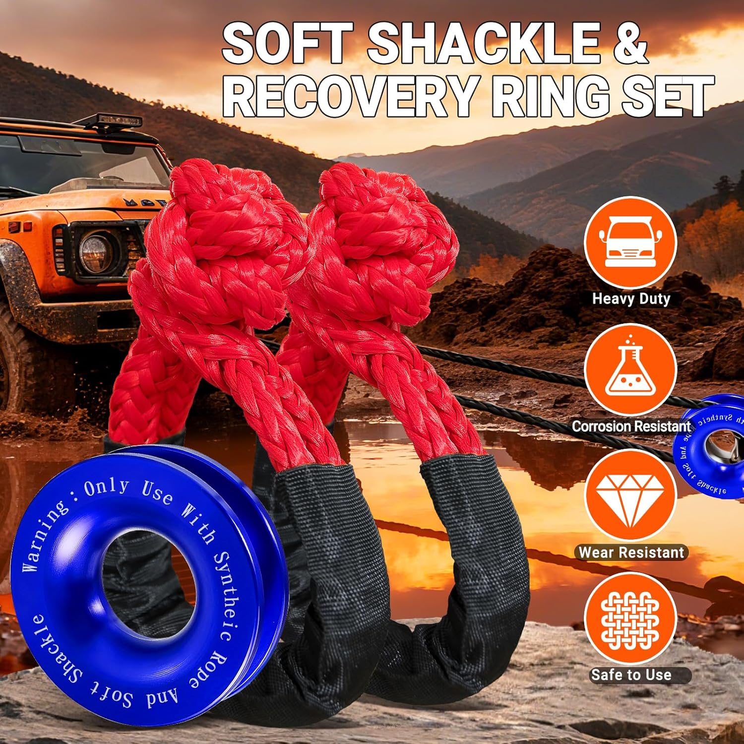 Synthetic Soft Shackle Rope 1/2 x 22 Inch Red Recovery Tow Shackles with Blue Recovery Ring 56,000lbs Breaking Strength Offroad Soft Shackle Recovery Kit for Off-Road Winch and Vehicle Towing