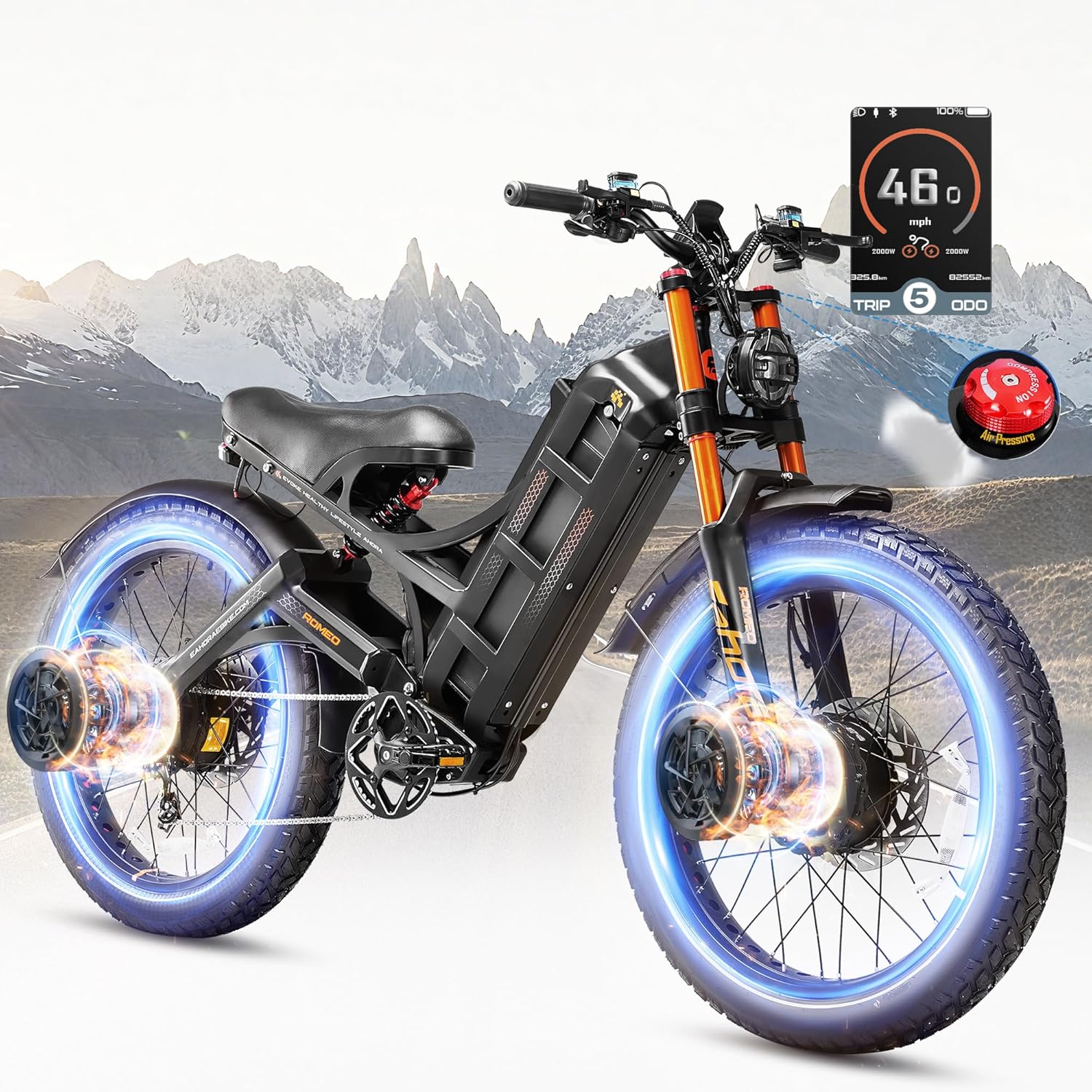 eAhora Romeo Pro 2 4000W Electric Bike for Adults 46 MPH Max Speed, 52V/70Ah Battery 210+Miles Long Range Ebike, 26" Fat Tire All Terrain E Bike Full Suspension for Urban Commutes, Delivery