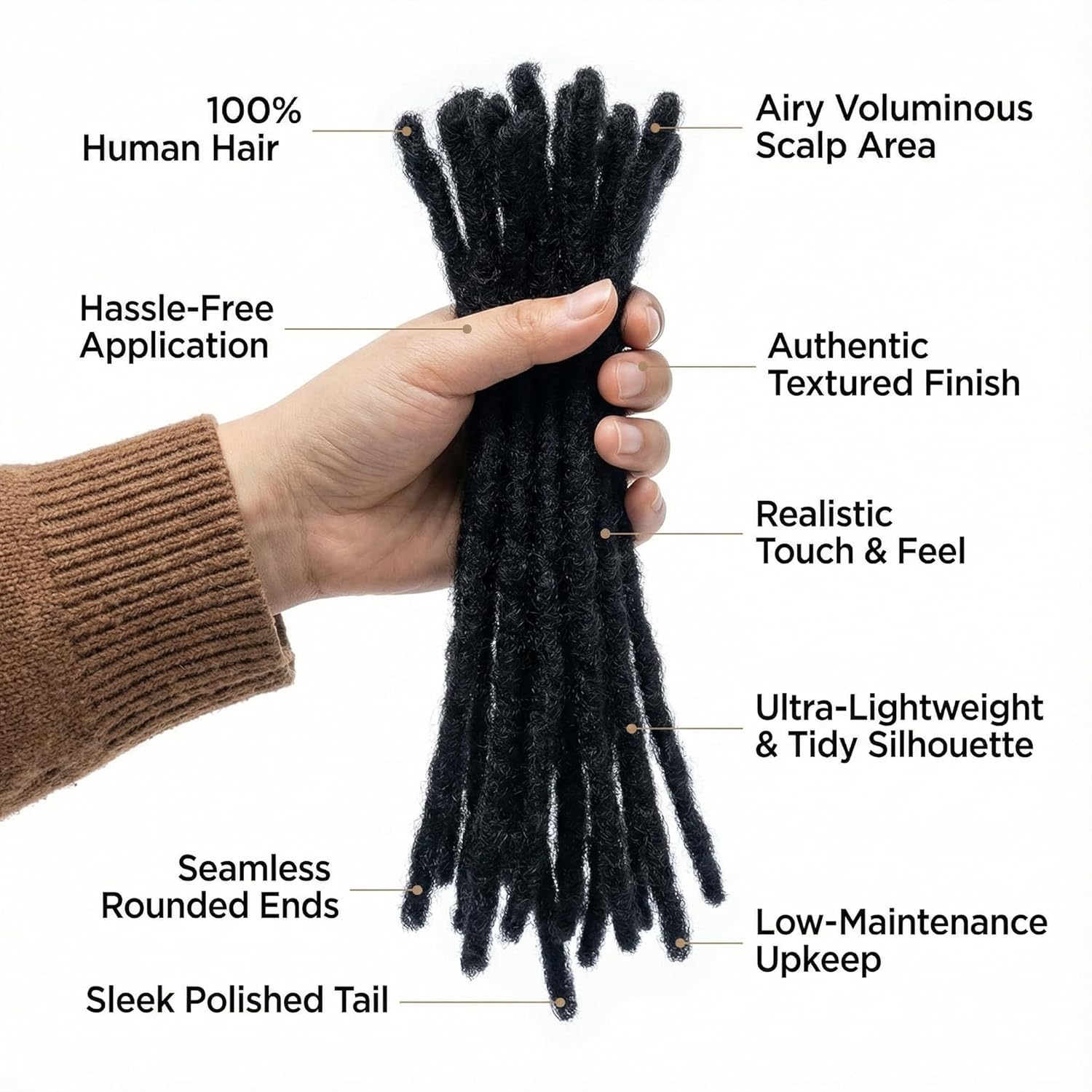 10 Strands Real Human Hair Dreadlock Extensions, Natural Black Loc Extensions Human Hair for Men & Women, Can Be Dyed, Bleached, Curled,Twisted (0.4cm Thickness,1B,12 Inch)