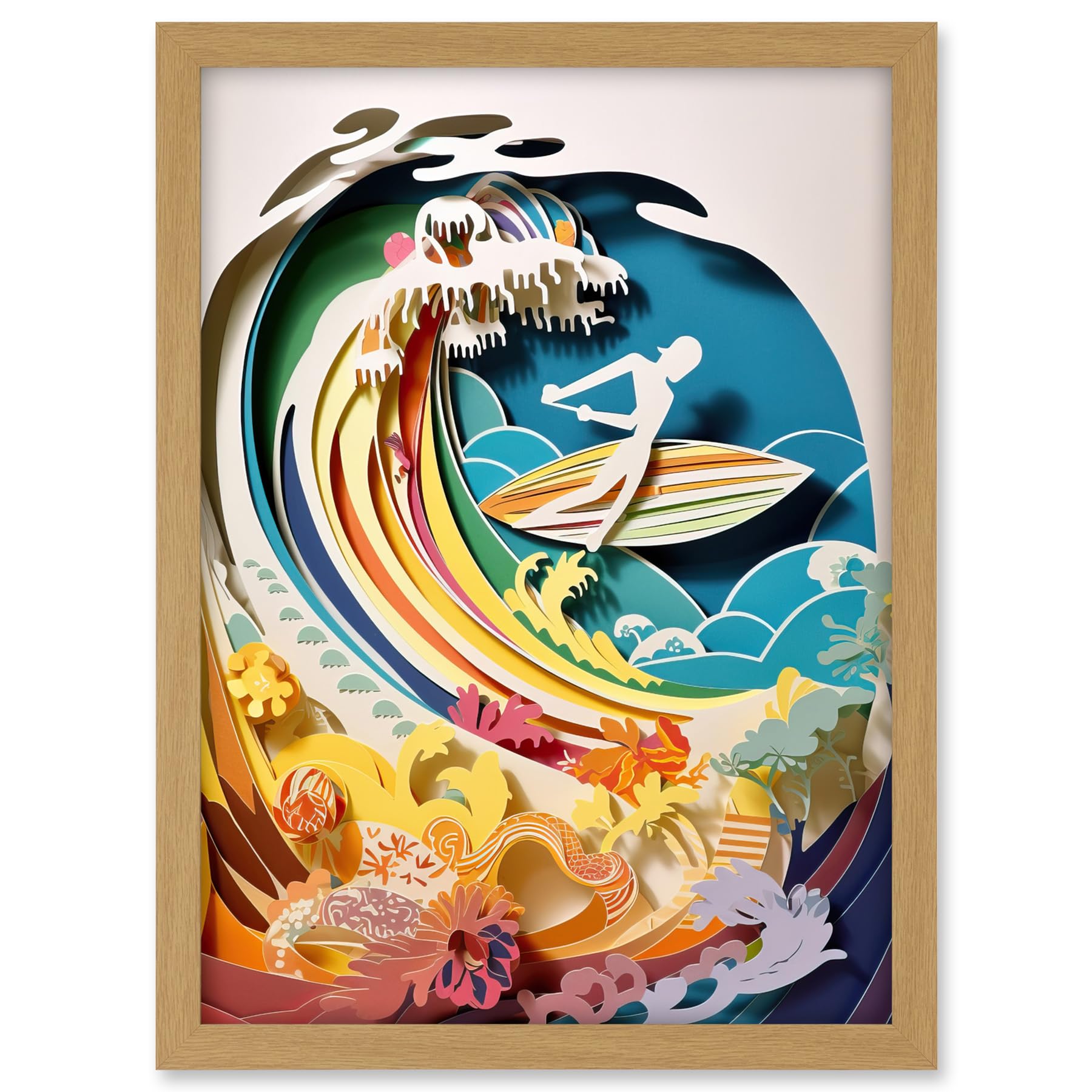 Artery8 Rainbow Kirigami Surfer Surfing Coastal Landscape Artwork Framed A3 Wall Art Print